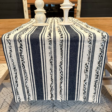 Navy Blue Fringe Stripe Runner