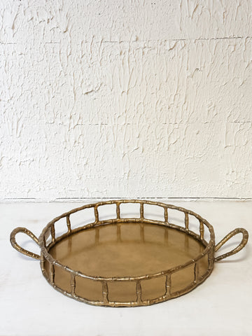 Cast Aluminum Faux Bamboo Tray With Handles, Brass Finish
