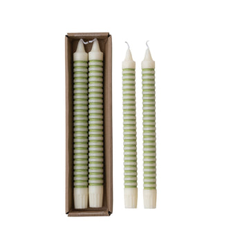 Unscented Green Striped Taper Candles in Box, Set of 2