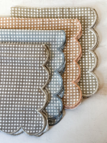Cotton Printed Scalloped Napkins With Check Pattern & Stitched Edge, Set of 4