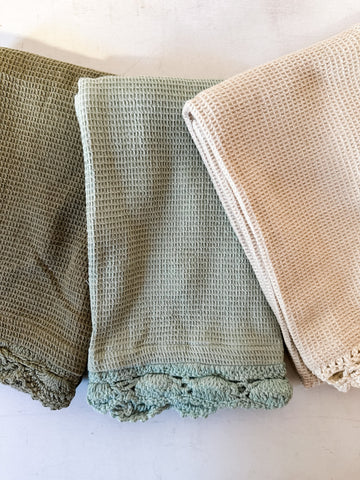 Cotton Waffle Weave Tea Towel w/ Crochet Lace Trim, 3 Colors