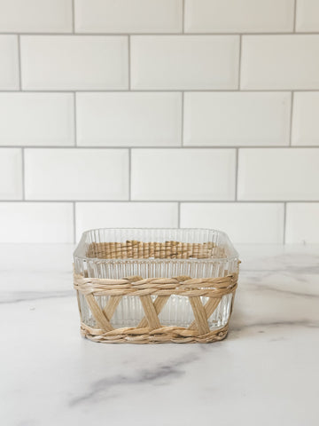 Glass Dish with Woven Grass Sleeve, Natural