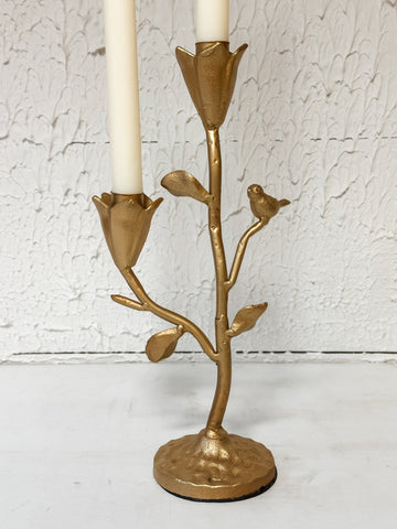 Hand-Forged Cast Iron Candelabra With Flowers & Bird