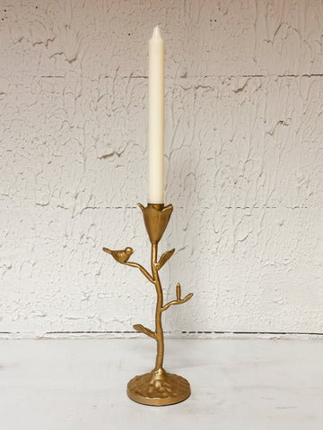 Hand-Forged Cast Iron Flower Taper Holder w/ Flower & Bird