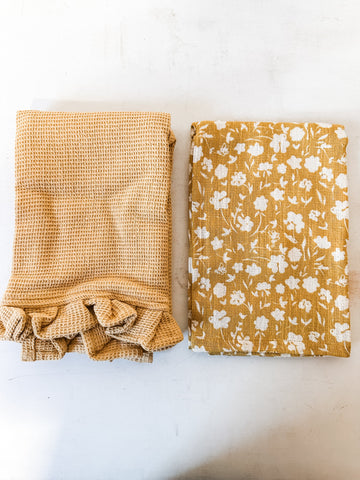 Cotton Slub Printed & Cotton Waffle Tea Towels, Set of 2