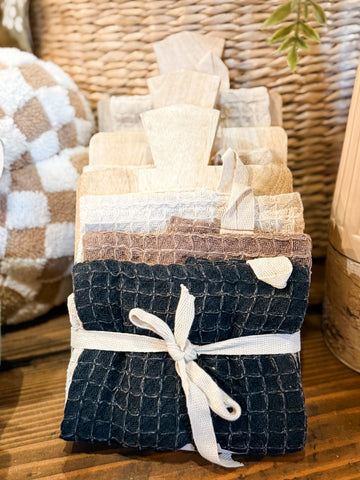 (3) Waffle Weave Dish Cloths w/ Cheese/Serving Board, Set of 4 Tied w/ Cotton Tape