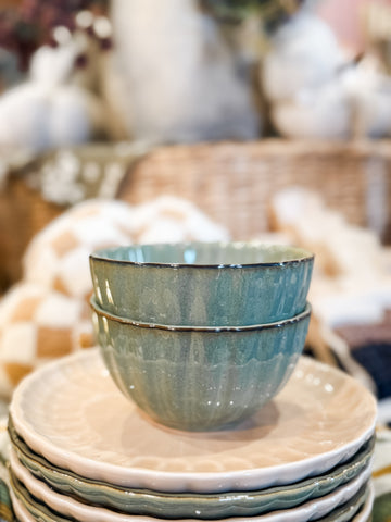Stoneware Ribbed Bowl,Sage Green