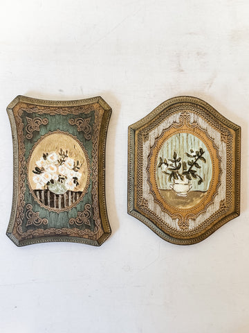 Wall Décor With Flowers in Vase, Antique Gold Finish