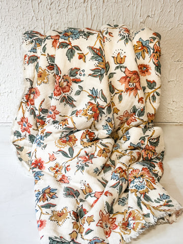 Woven Cotton Printed Throw with Sherpa Back, Flower Pattern & Fringe