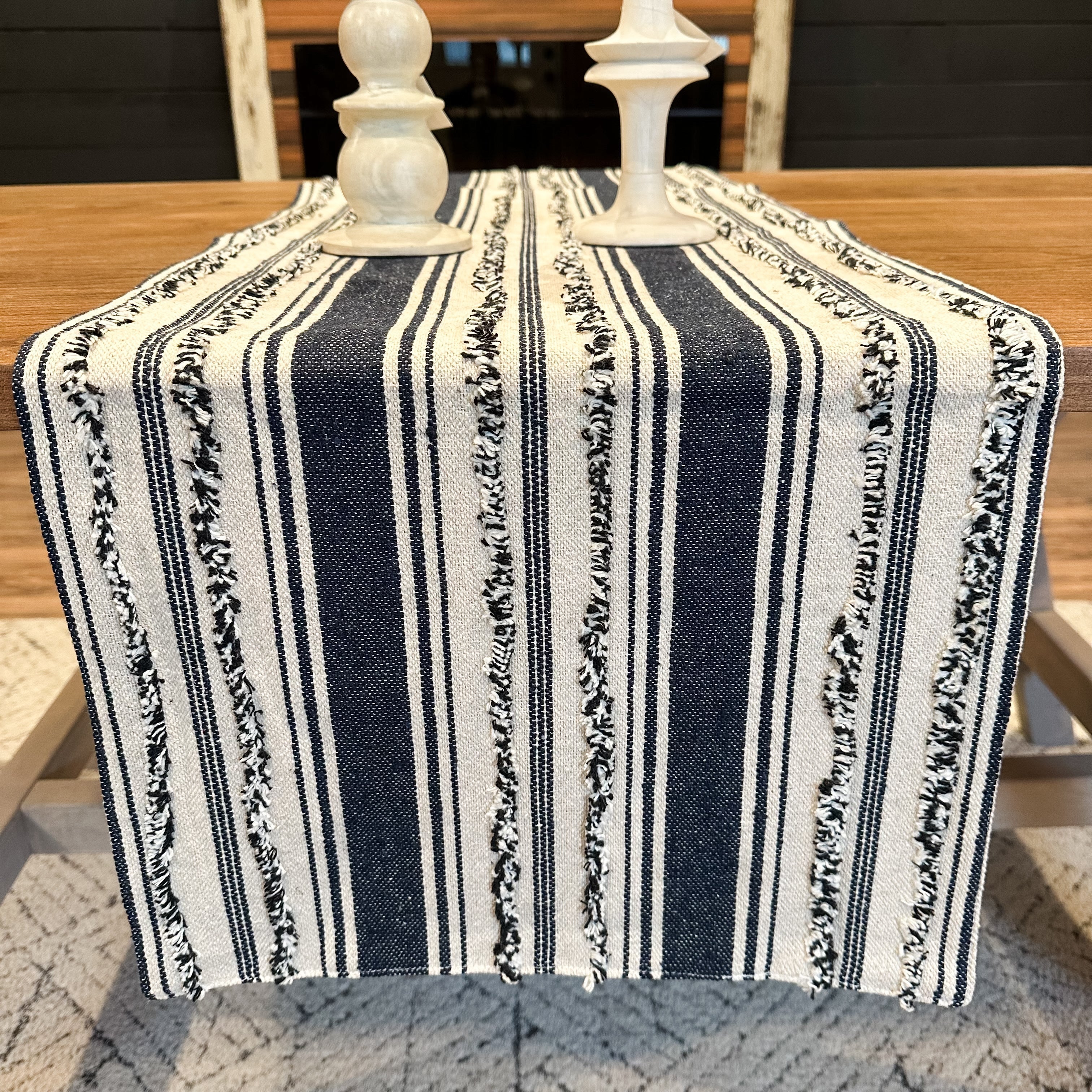 Navy Blue Fringe Stripe Runner