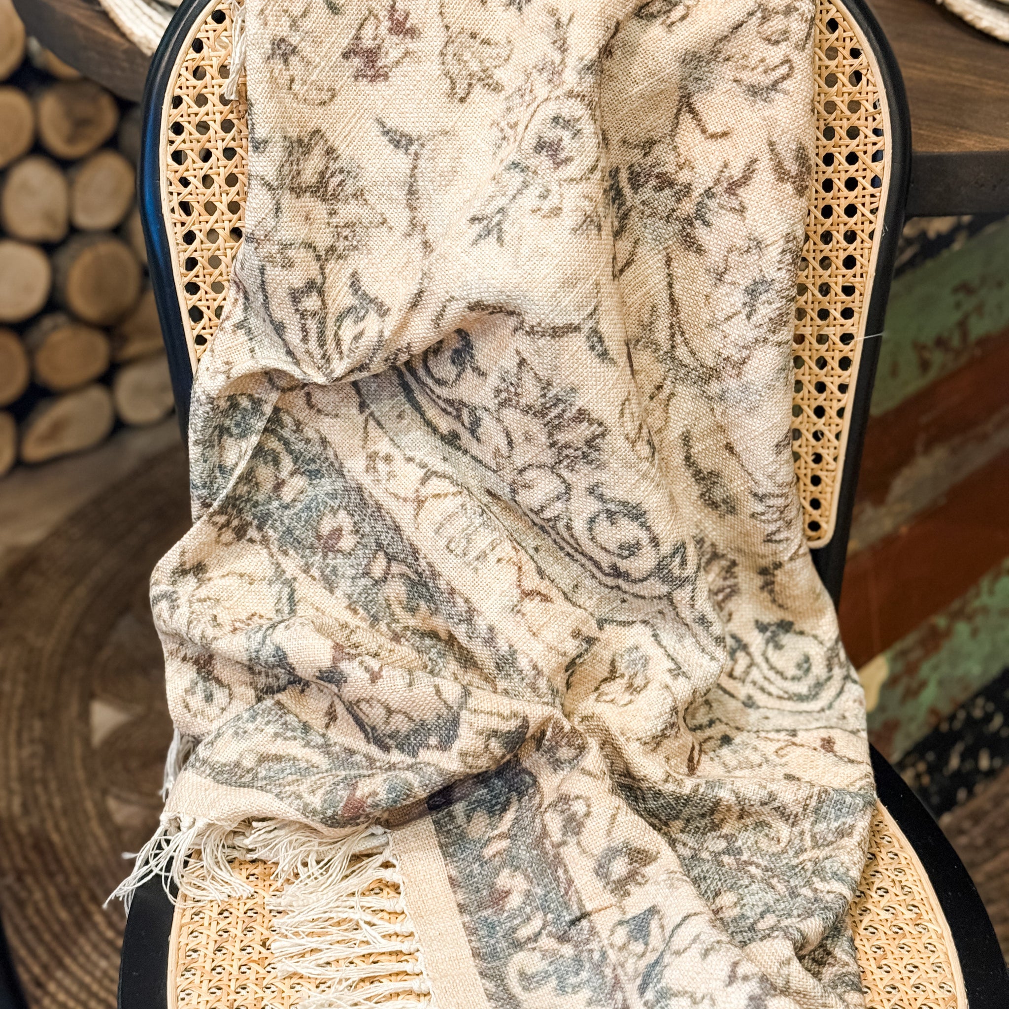 Antique Rug Slub Throw, Faded Grey And Cream