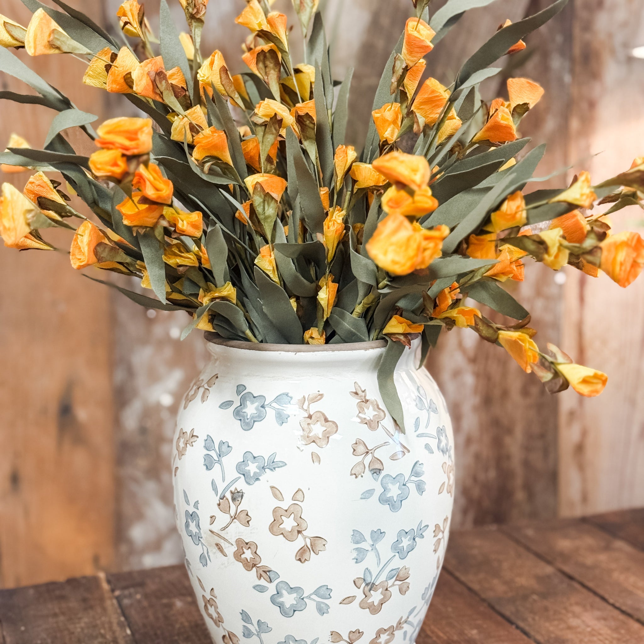 Beige & Blue Floral Pattern Vase