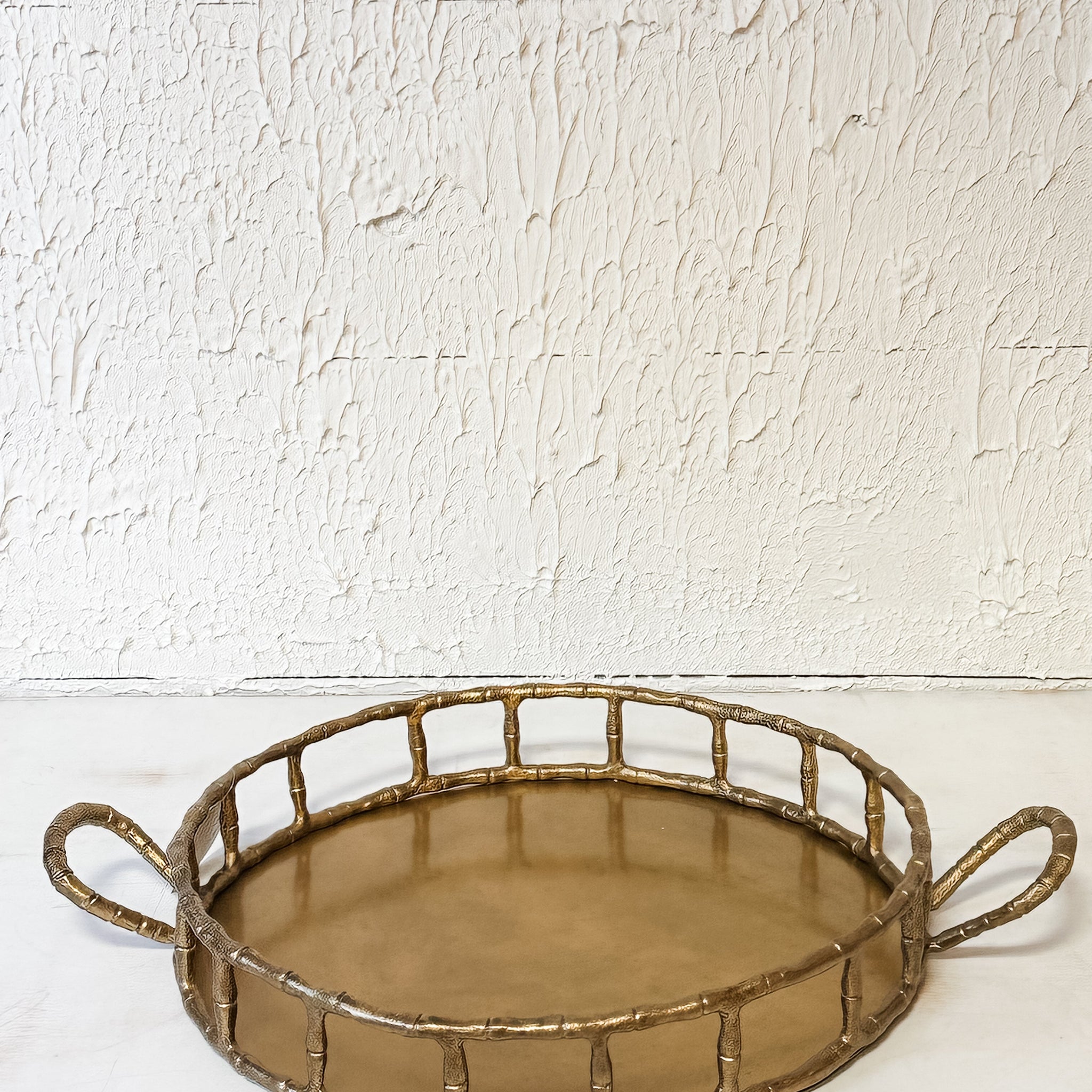 Cast Aluminum Faux Bamboo Tray With Handles, Brass Finish