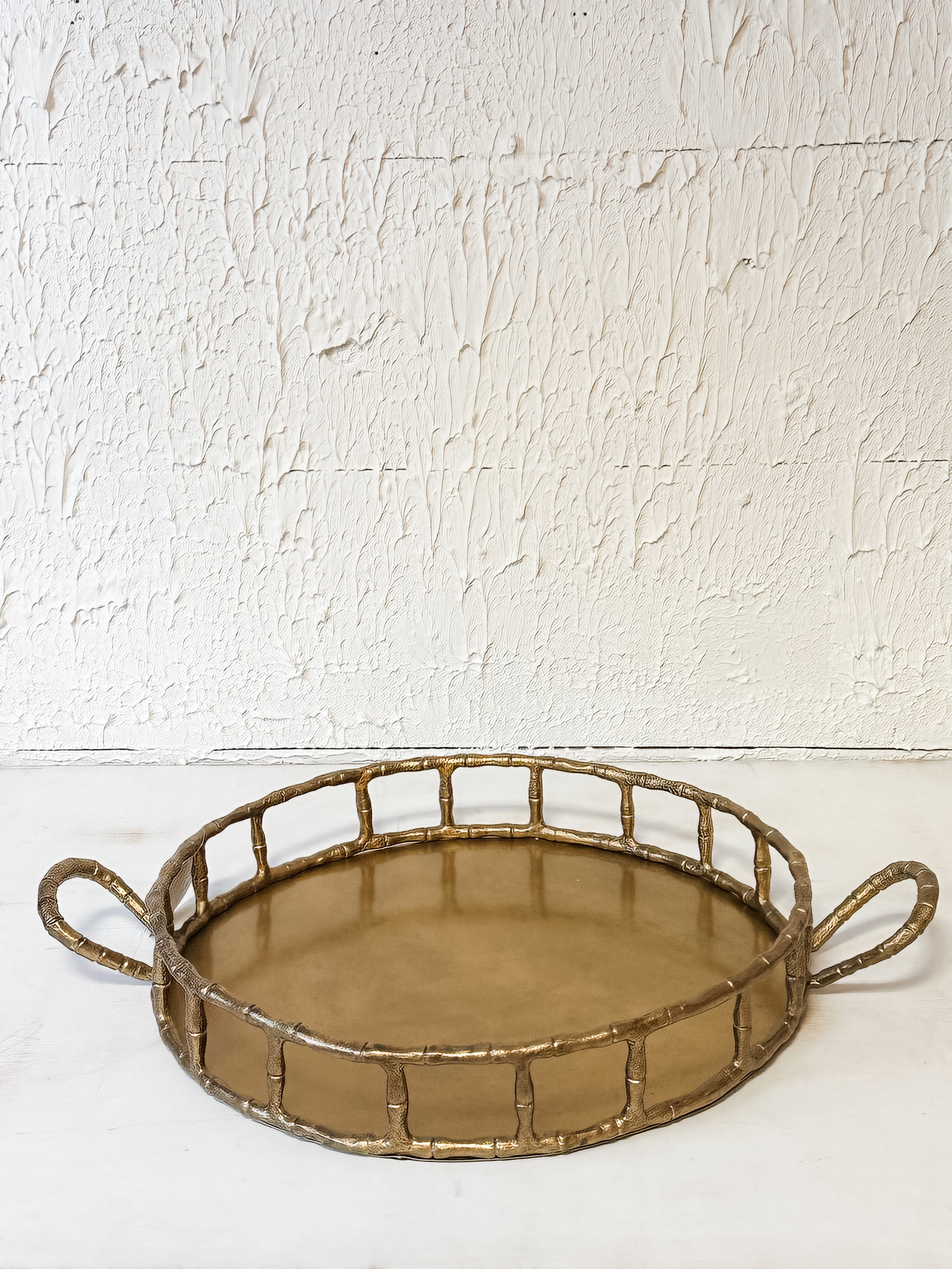 Cast Aluminum Faux Bamboo Tray With Handles, Brass Finish