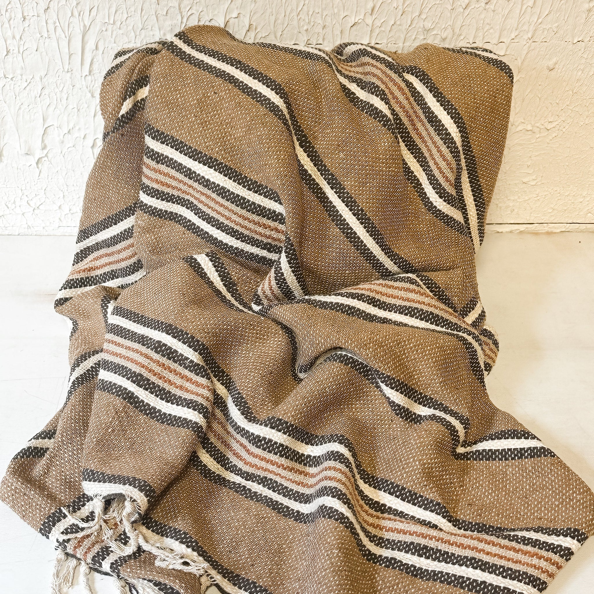 Cotton Blend Throw With Stripes & Fringe