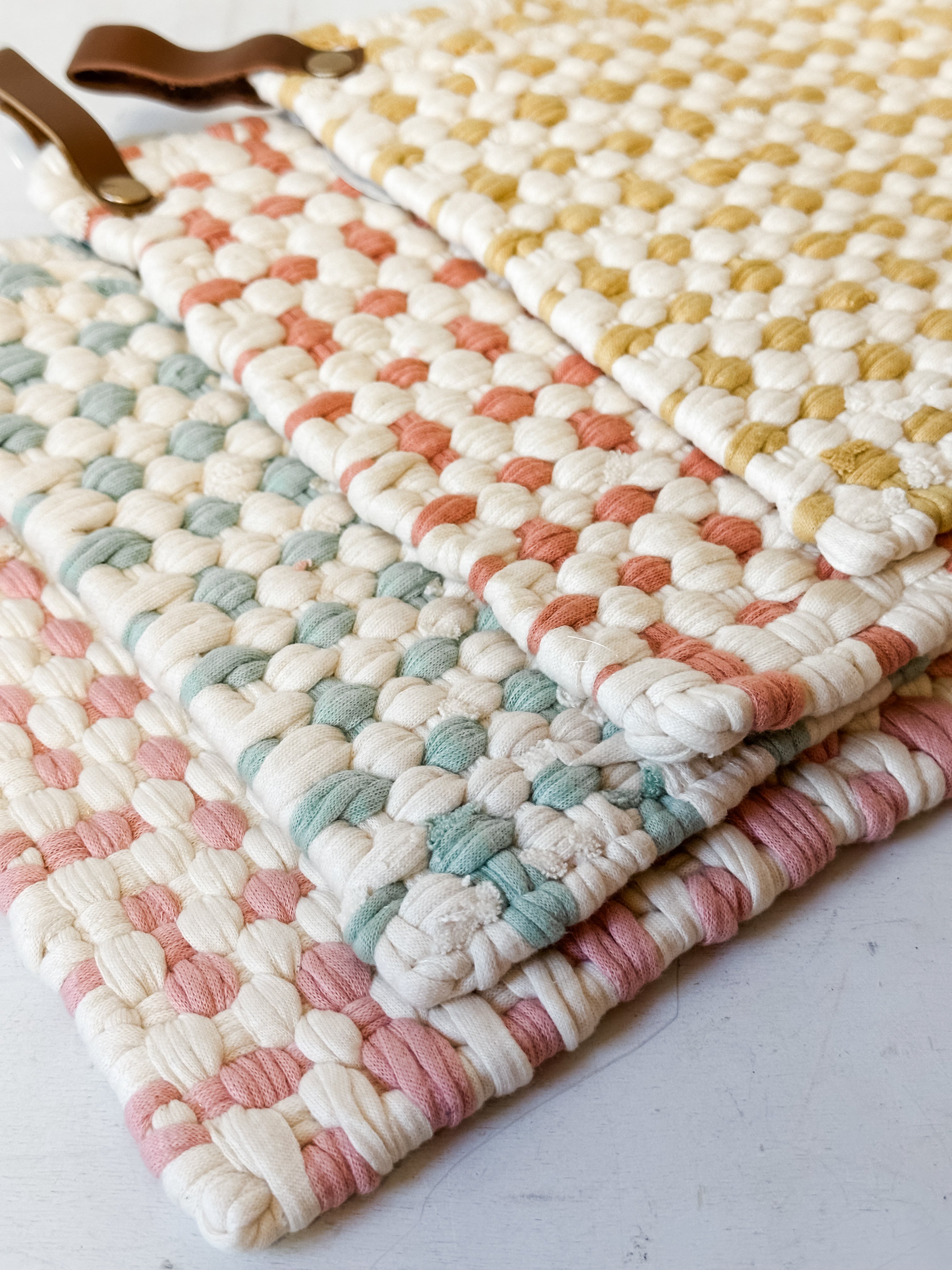 Cotton Crocheted Pot Holder With Leather Loop