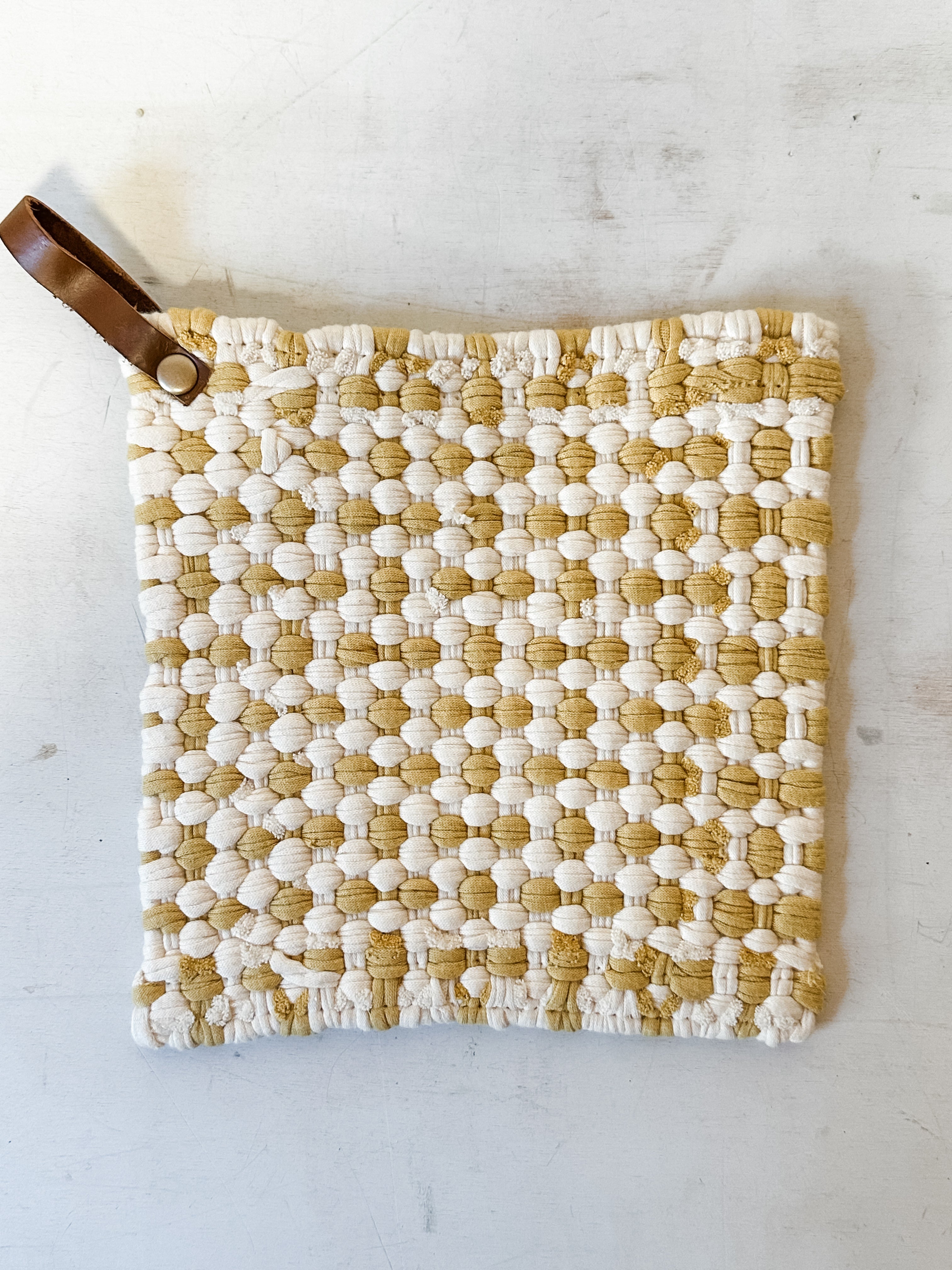 Cotton Crocheted Pot Holder With Leather Loop