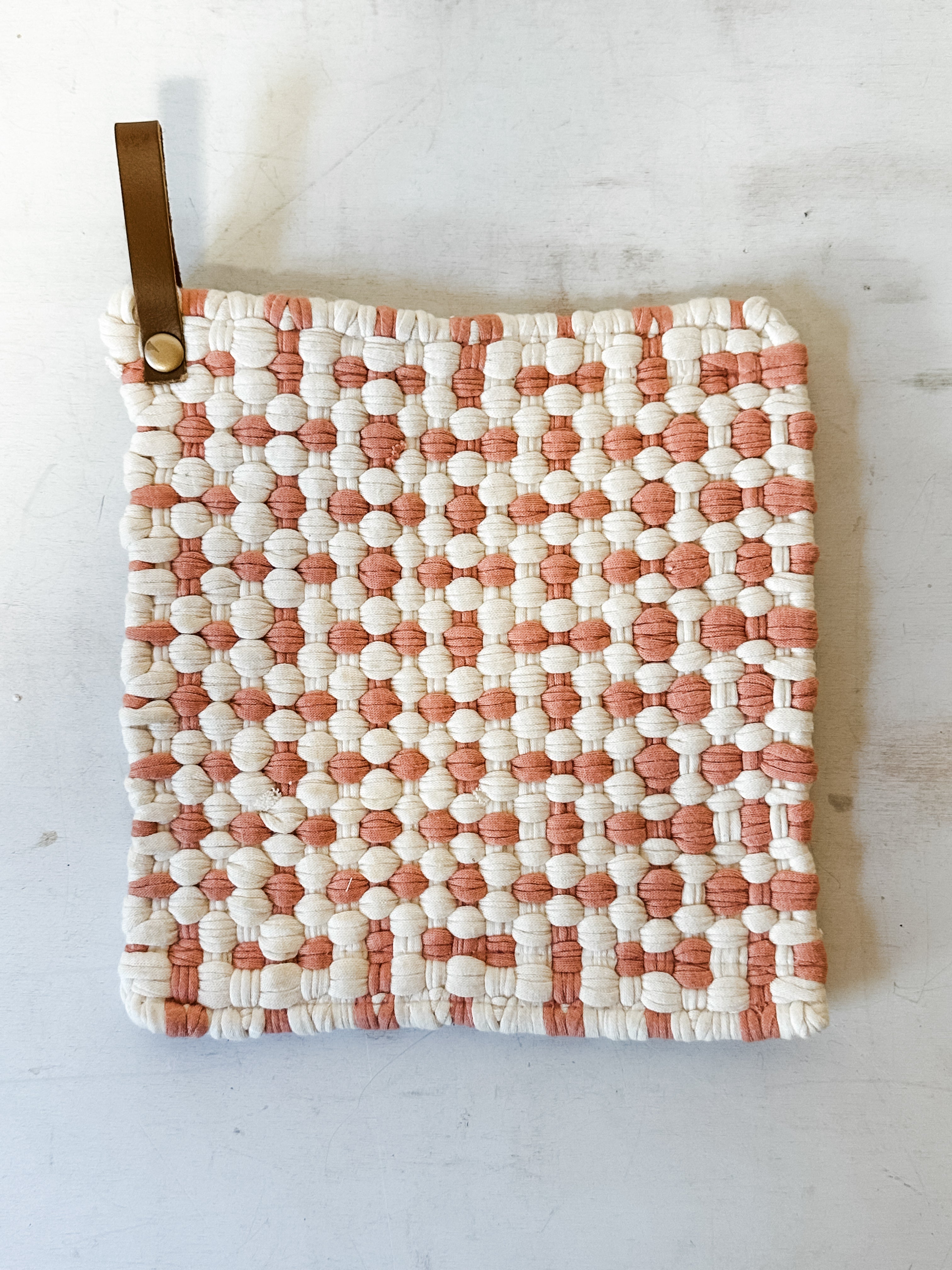 Cotton Crocheted Pot Holder With Leather Loop