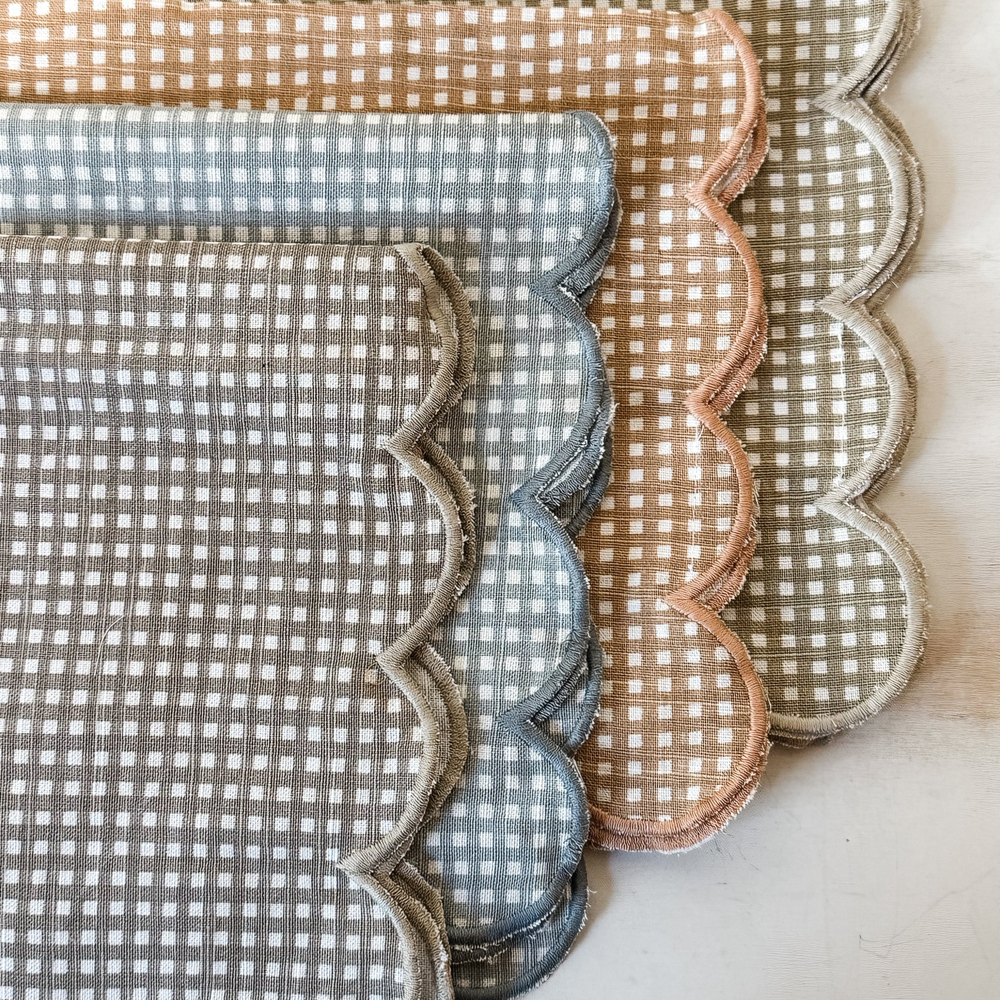 Cotton Printed Scalloped Napkins With Check Pattern & Stitched Edge, Set of 4