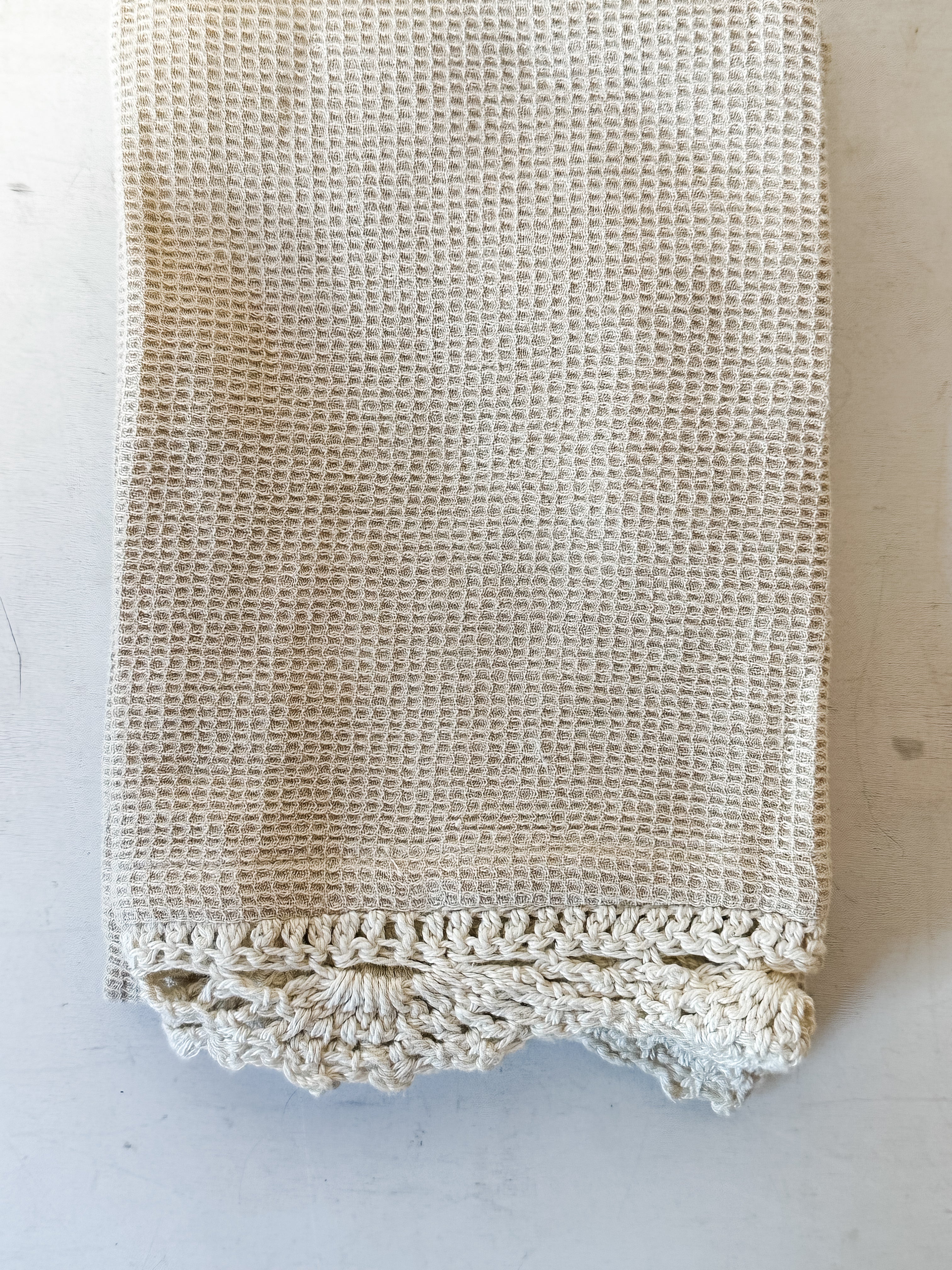 Cotton Waffle Weave Tea Towel w/ Crochet Lace Trim, 3 Colors