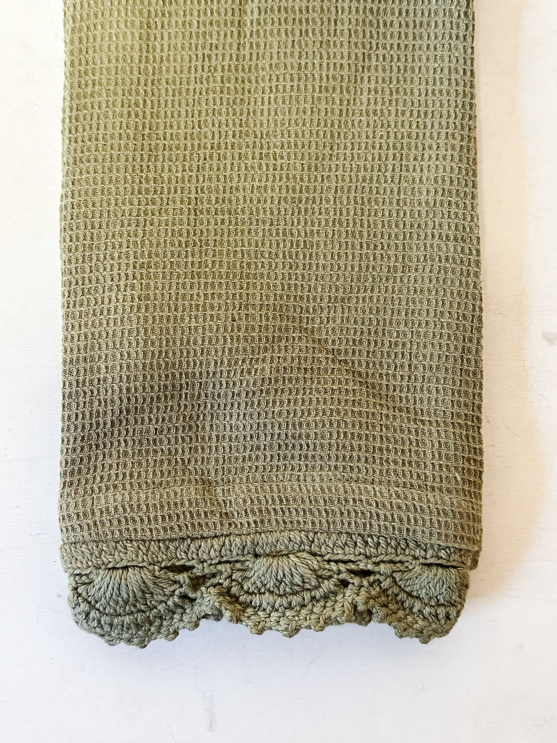 Cotton Waffle Weave Tea Towel w/ Crochet Lace Trim, 3 Colors