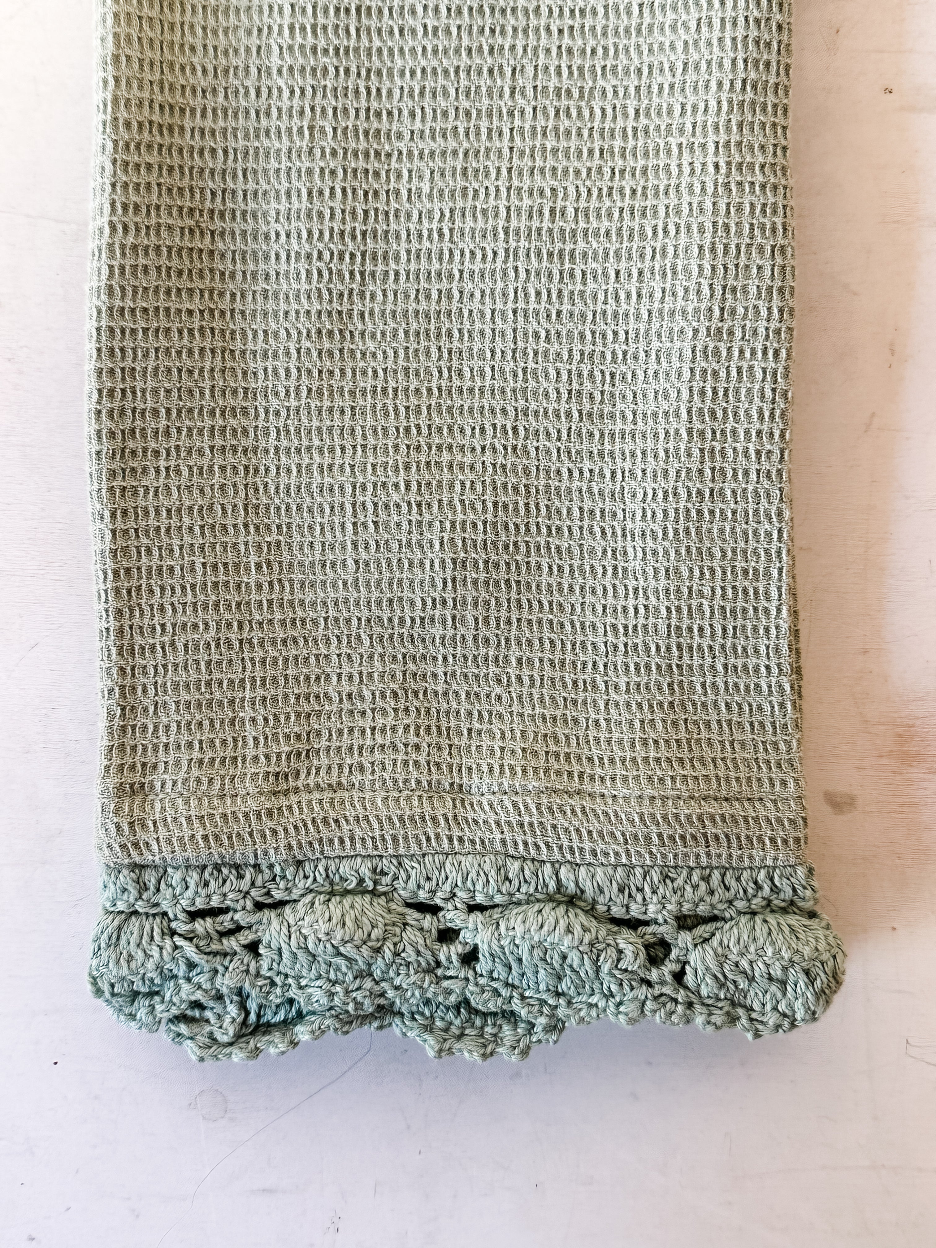 Cotton Waffle Weave Tea Towel w/ Crochet Lace Trim, 3 Colors