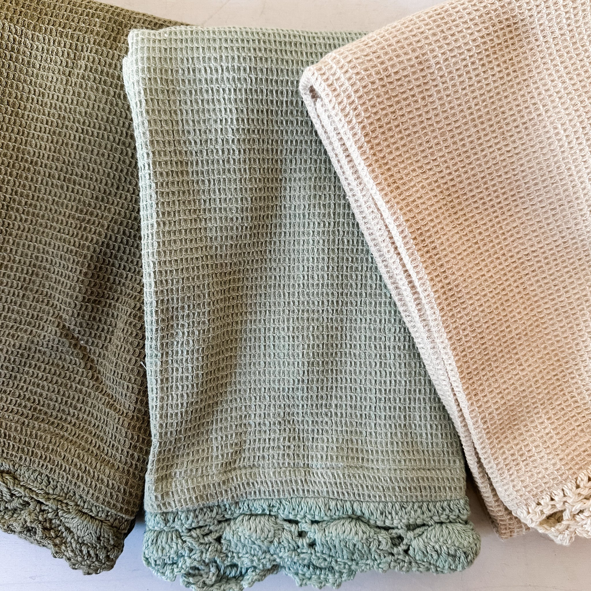 Cotton Waffle Weave Tea Towel w/ Crochet Lace Trim, 3 Colors