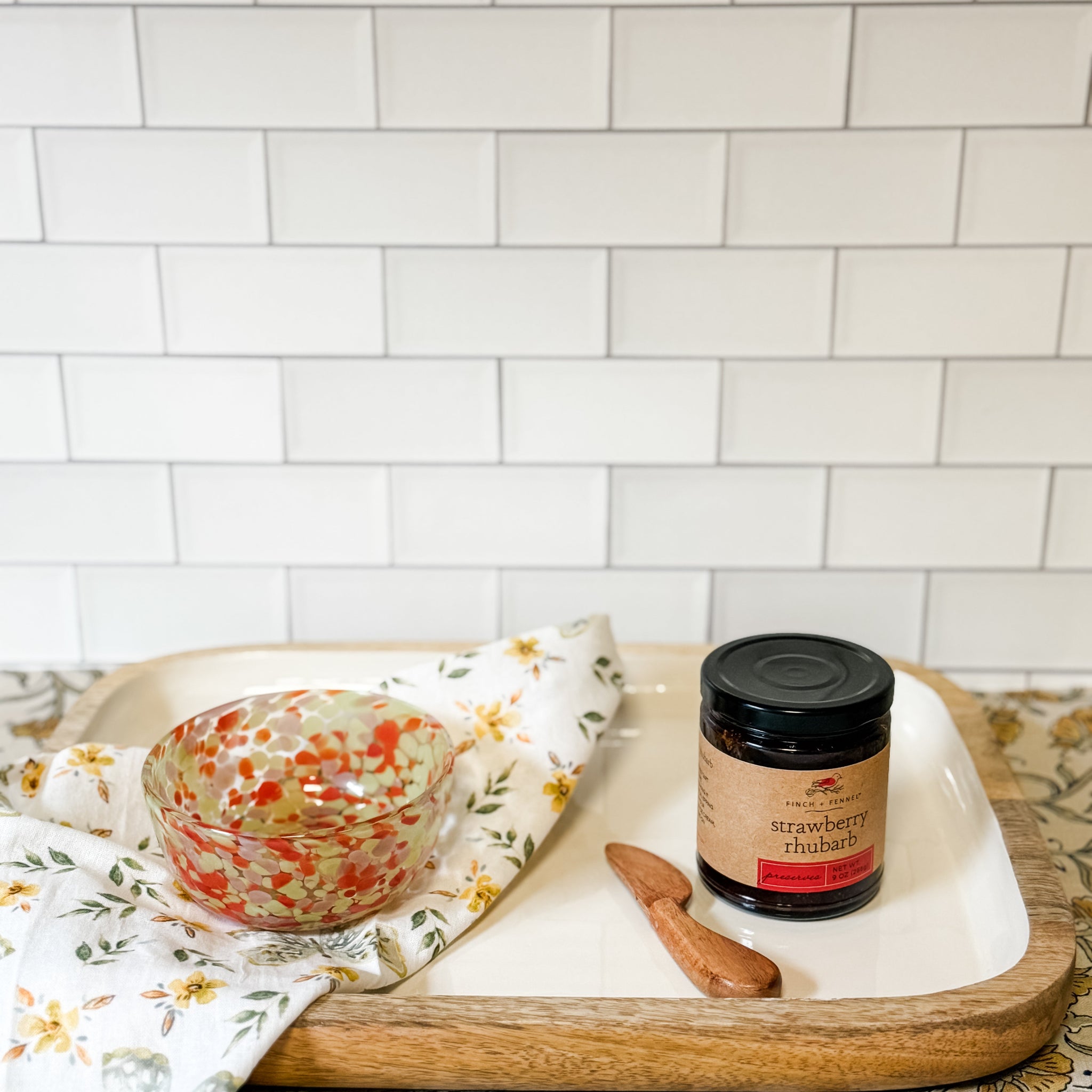 Enameled Mango Wood Tray, White & Natural