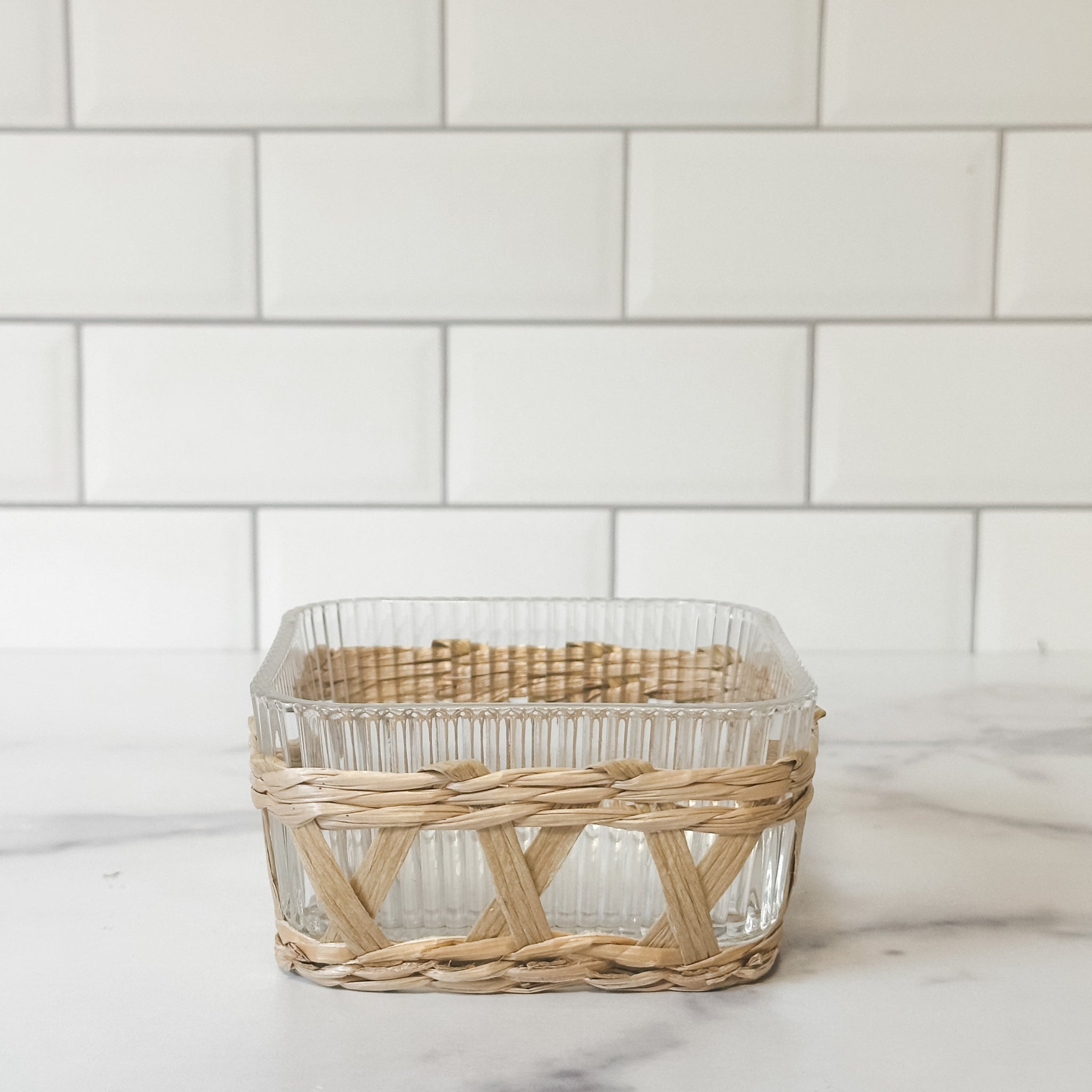 Glass Dish with Woven Grass Sleeve, Natural