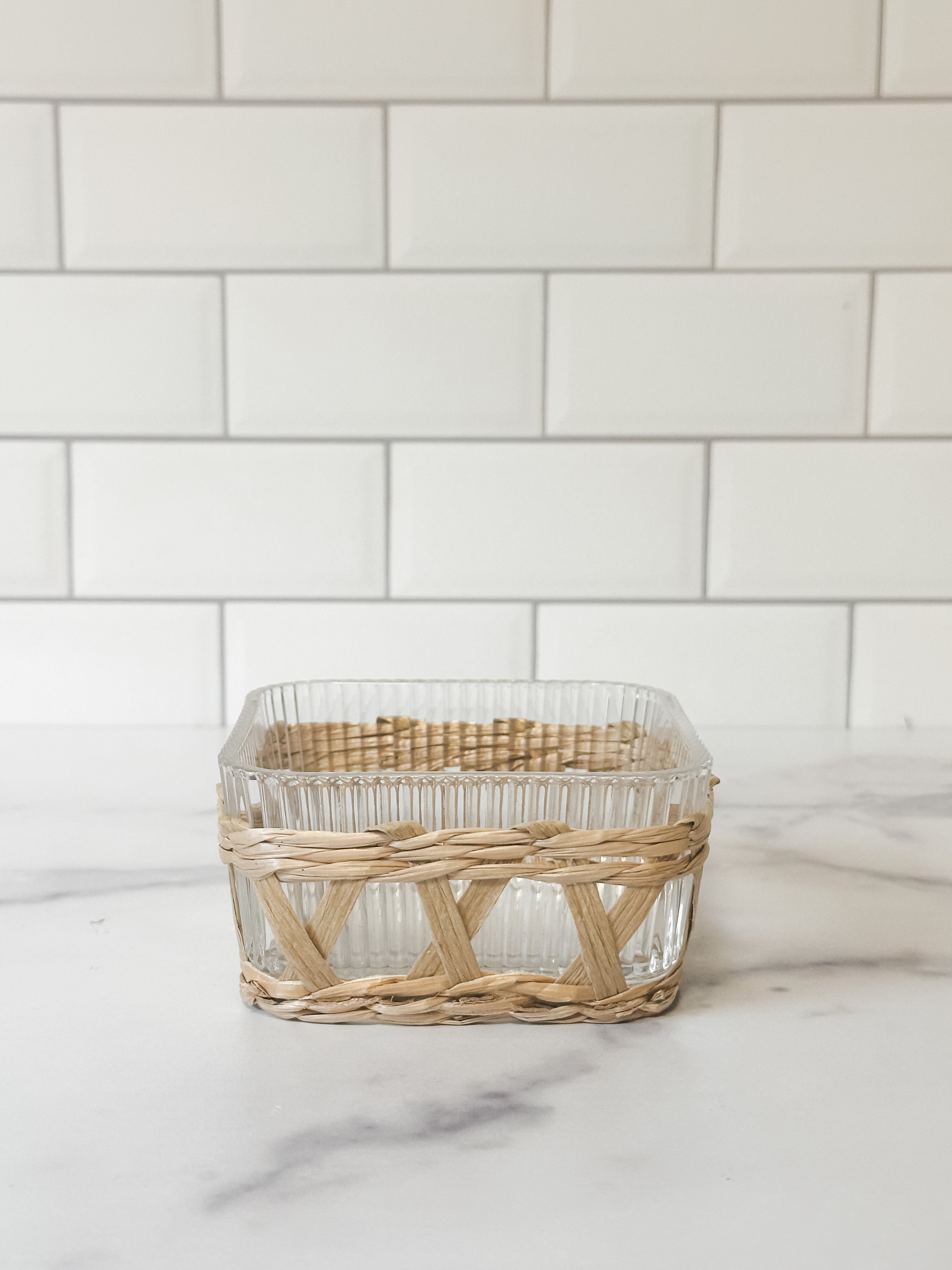 Glass Dish with Woven Grass Sleeve, Natural