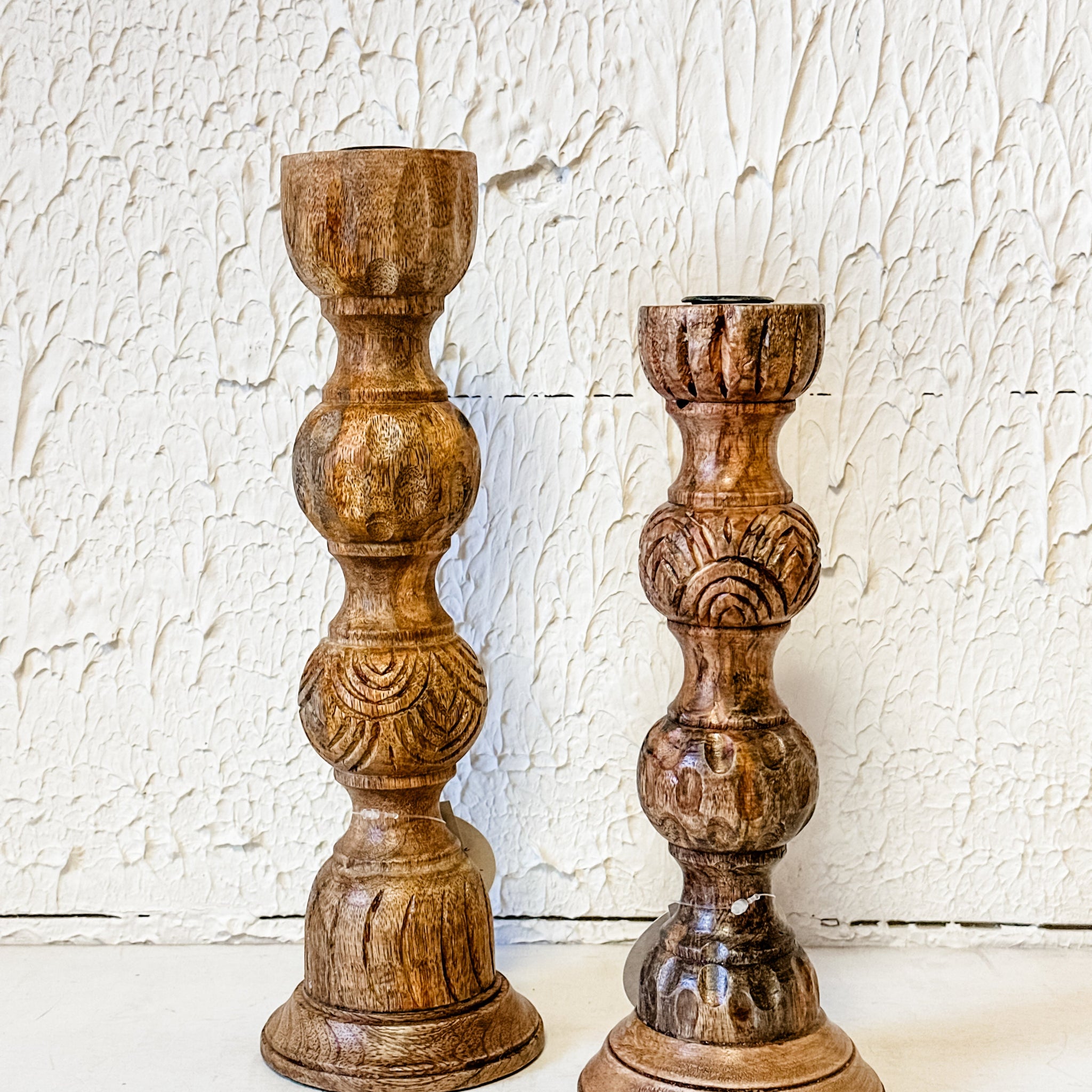 Hand-Carved Mango Wood Taper Holder, Natural