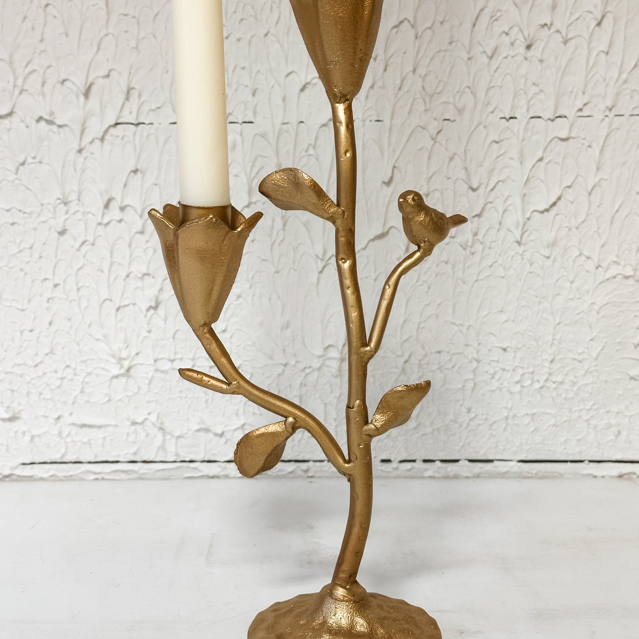 Hand-Forged Cast Iron Candelabra With Flowers & Bird