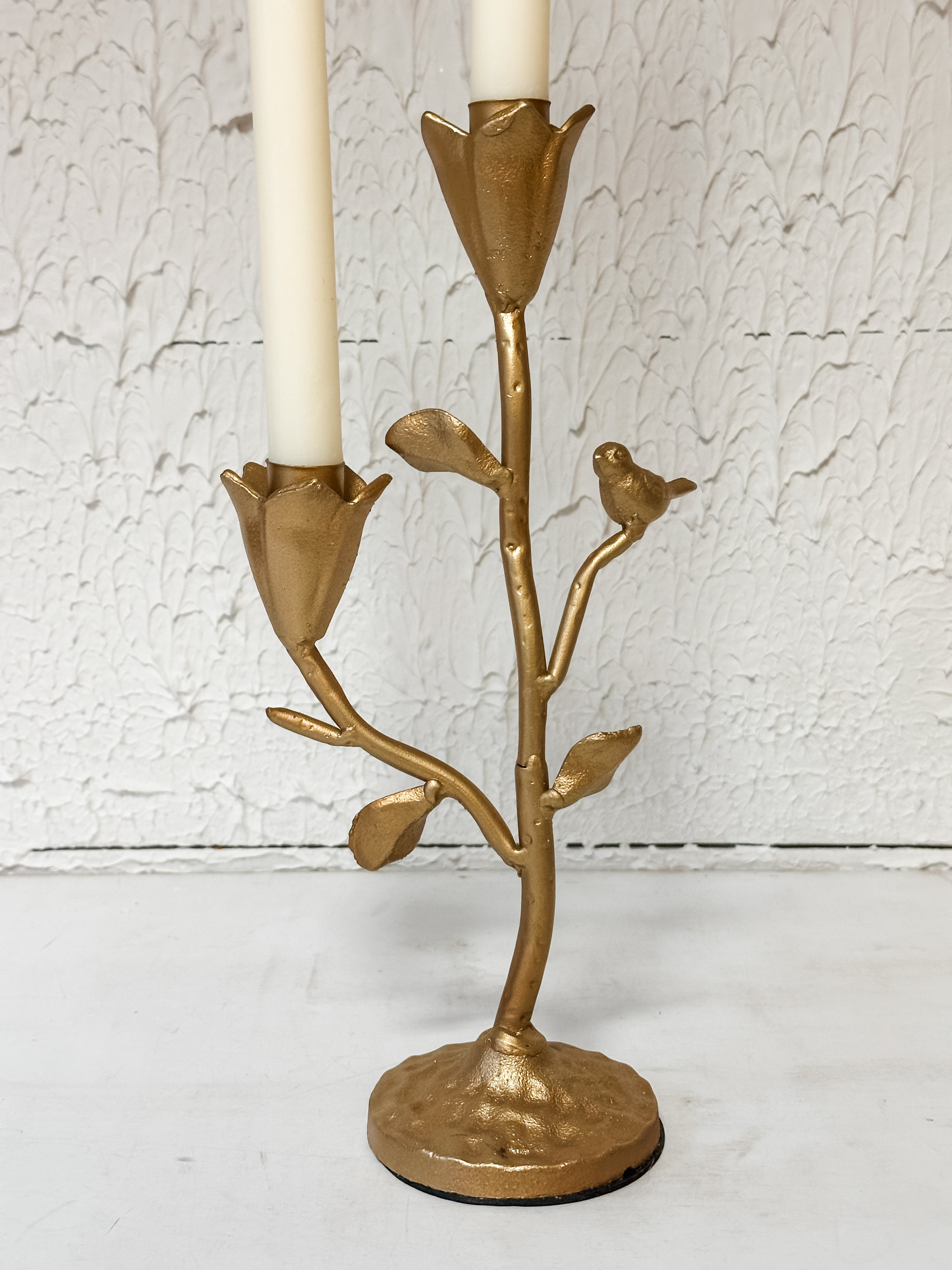 Hand-Forged Cast Iron Candelabra With Flowers & Bird
