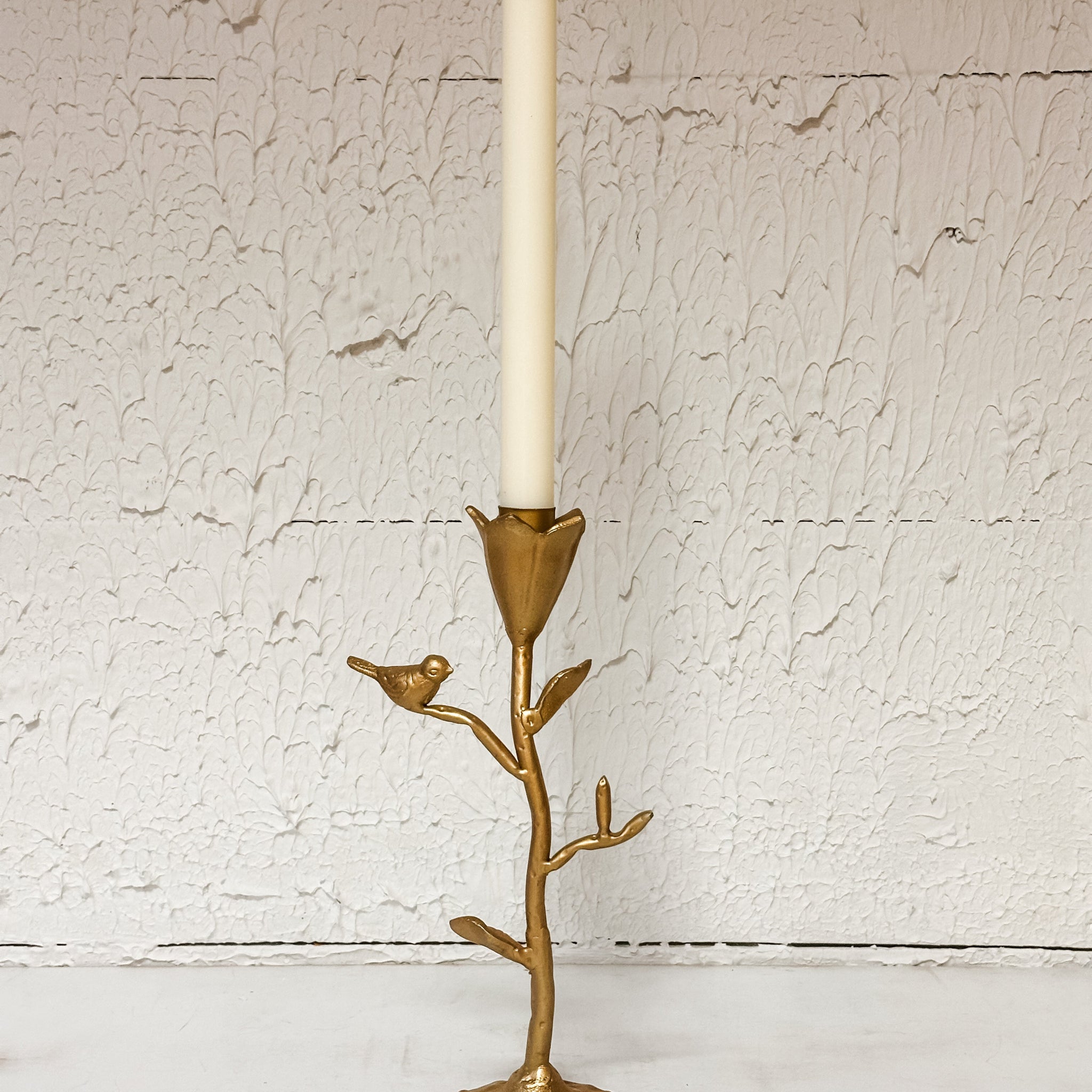 Hand-Forged Cast Iron Flower Taper Holder w/ Flower & Bird