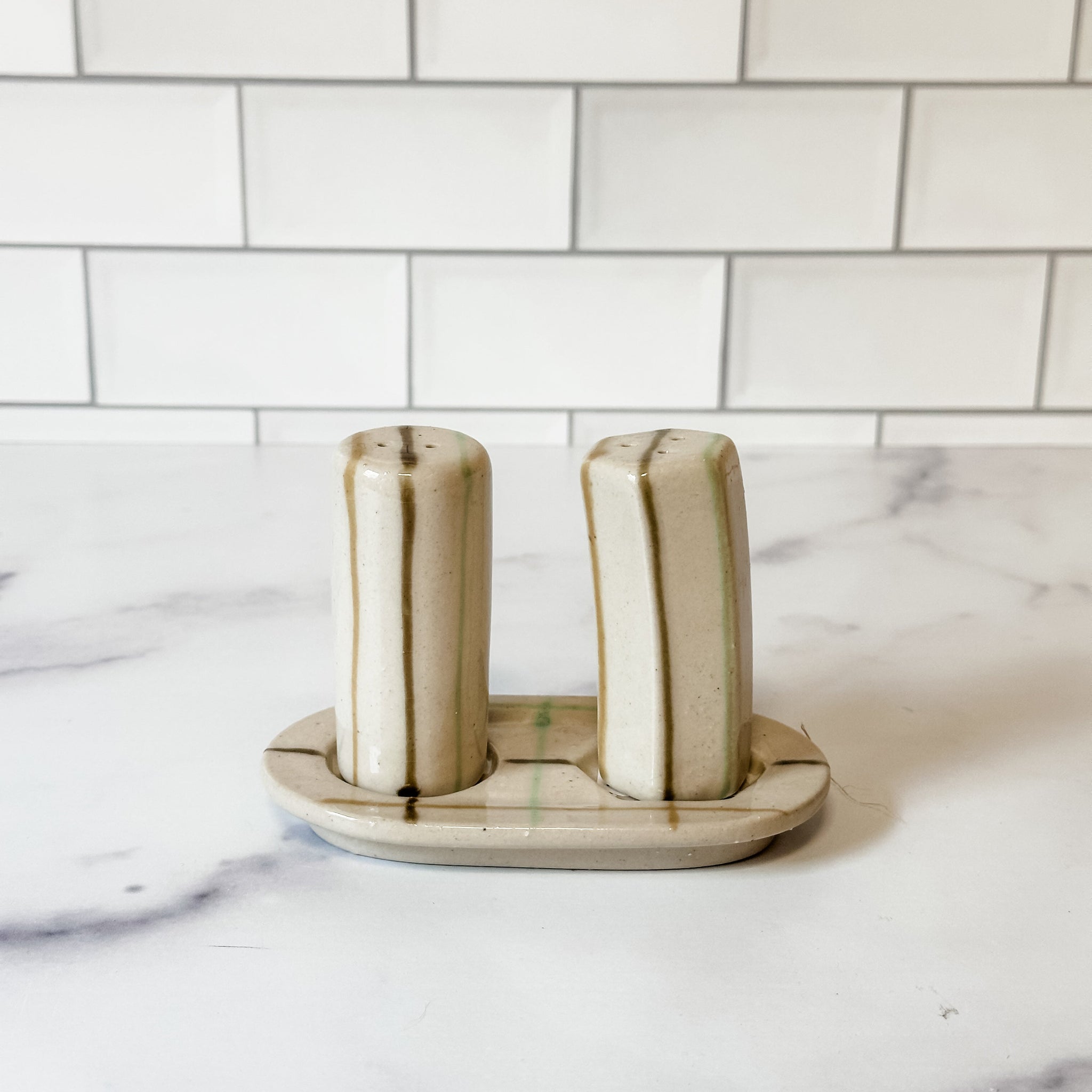 Hand-Painted Salt & Pepper Shakers With Tray, Set of 3