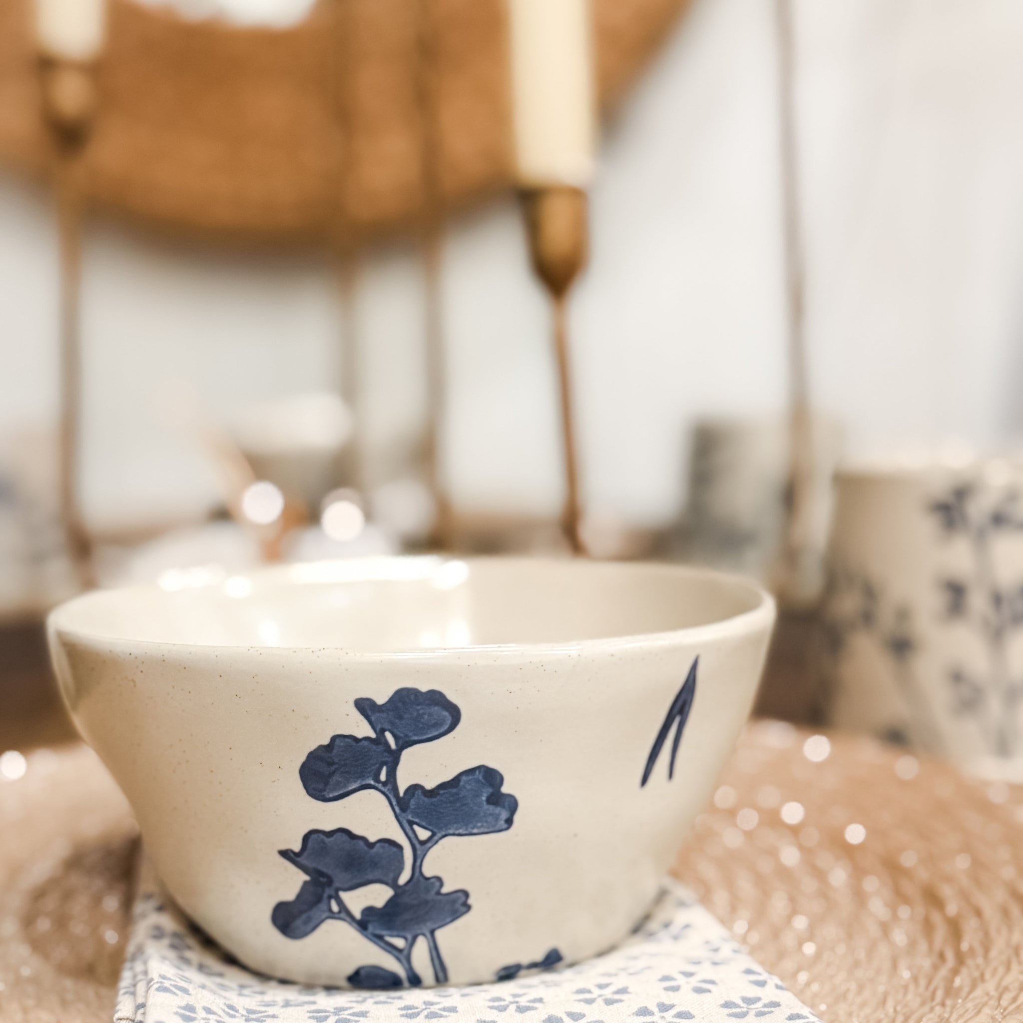 Hand-Stamped Stoneware Bowl with Botanicals, 4 Styles