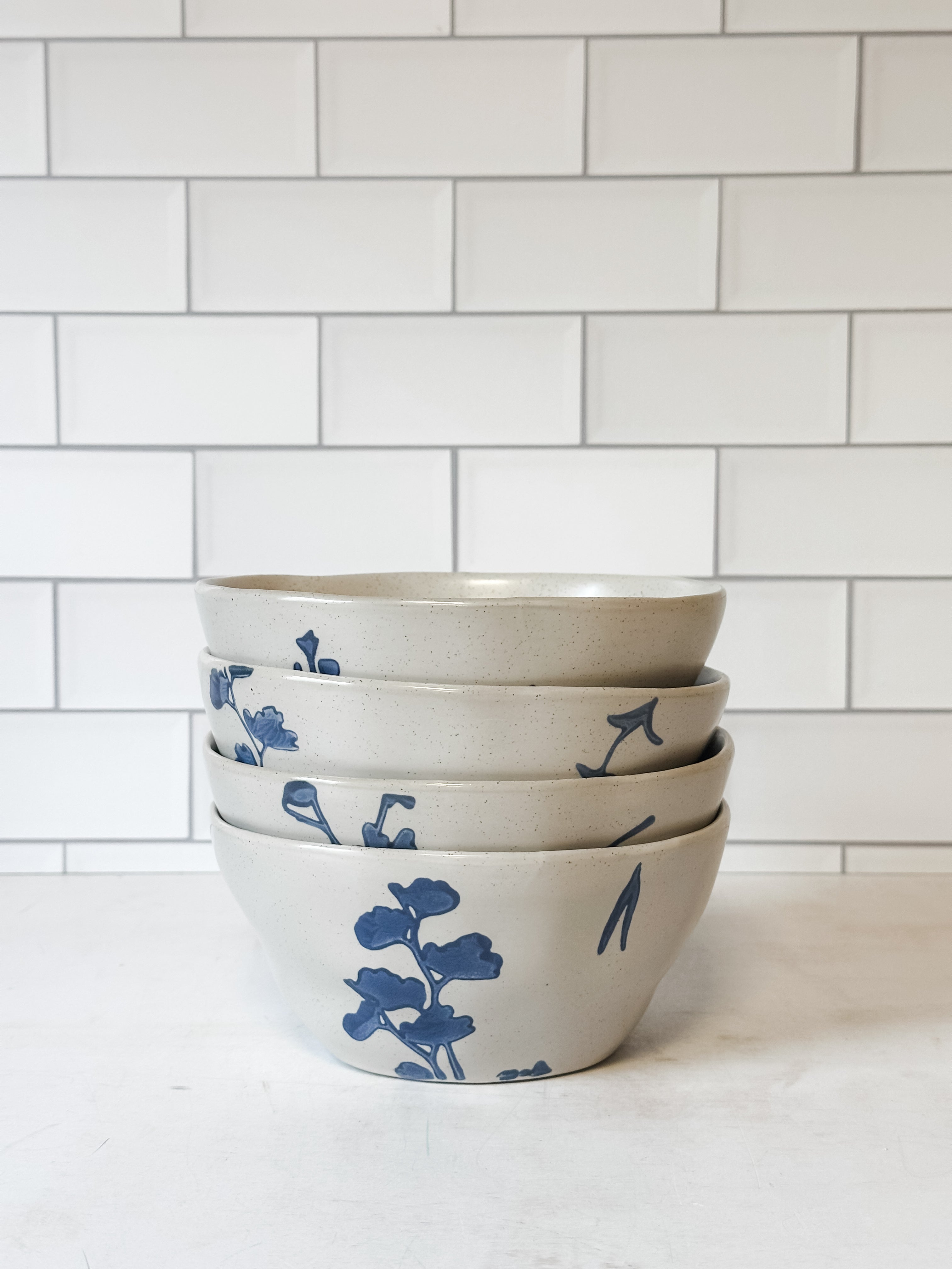 Hand-Stamped Stoneware Bowl with Botanicals, 4 Styles