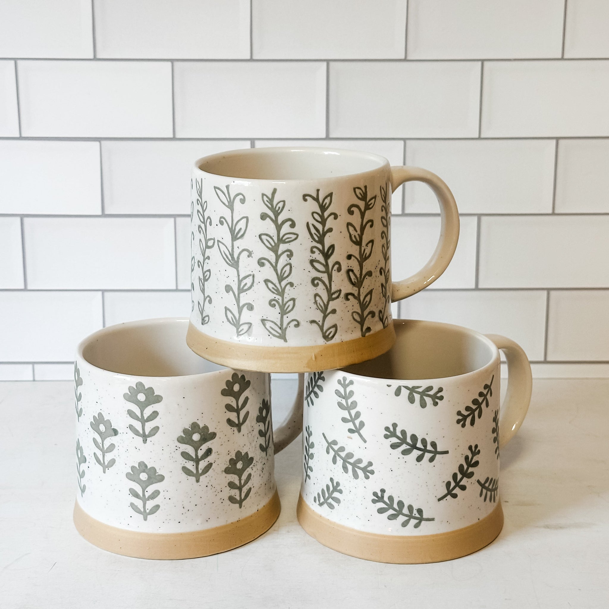 Leafy Green Stoneware Mugs