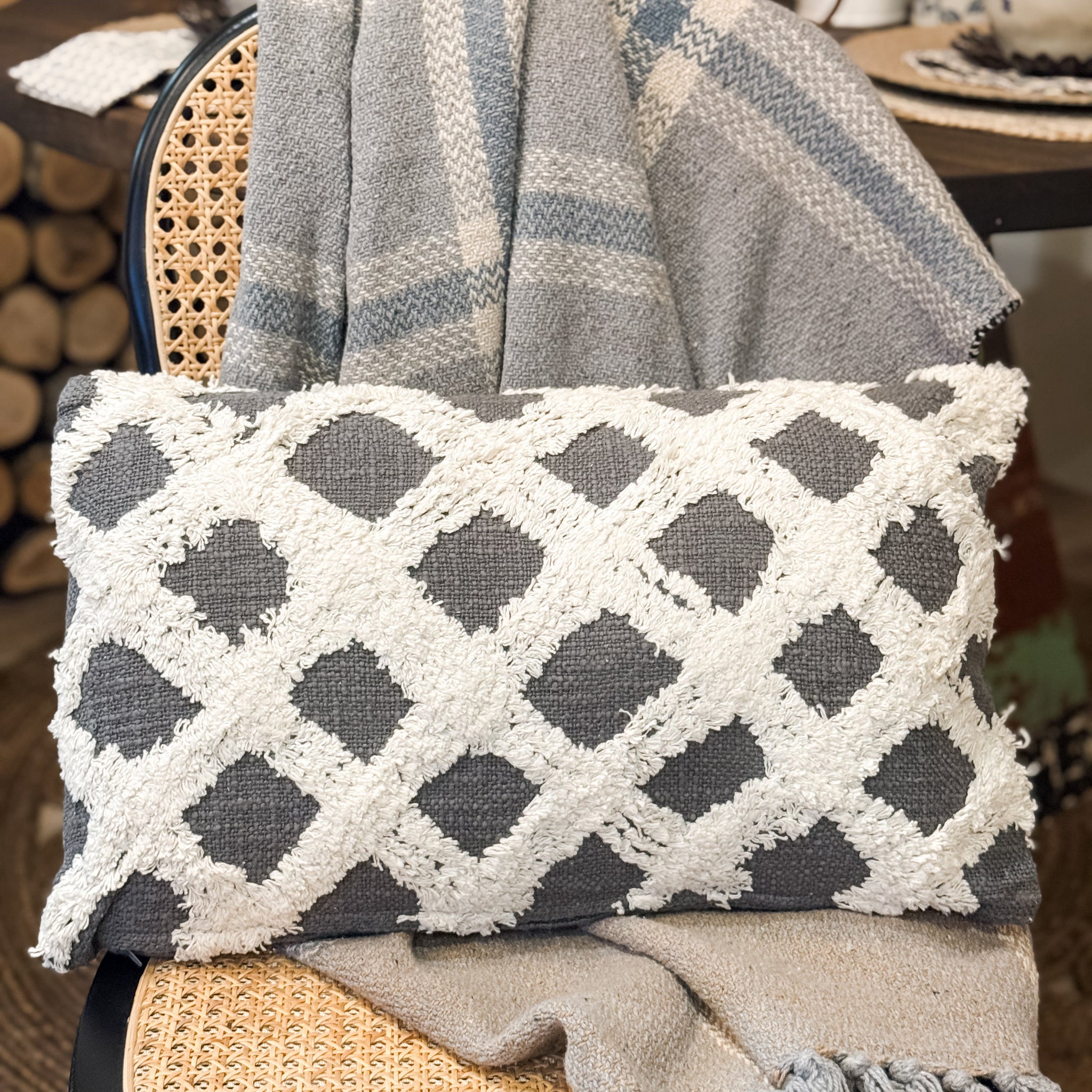 Grey And White Criss-Cross Lumbar Pillow