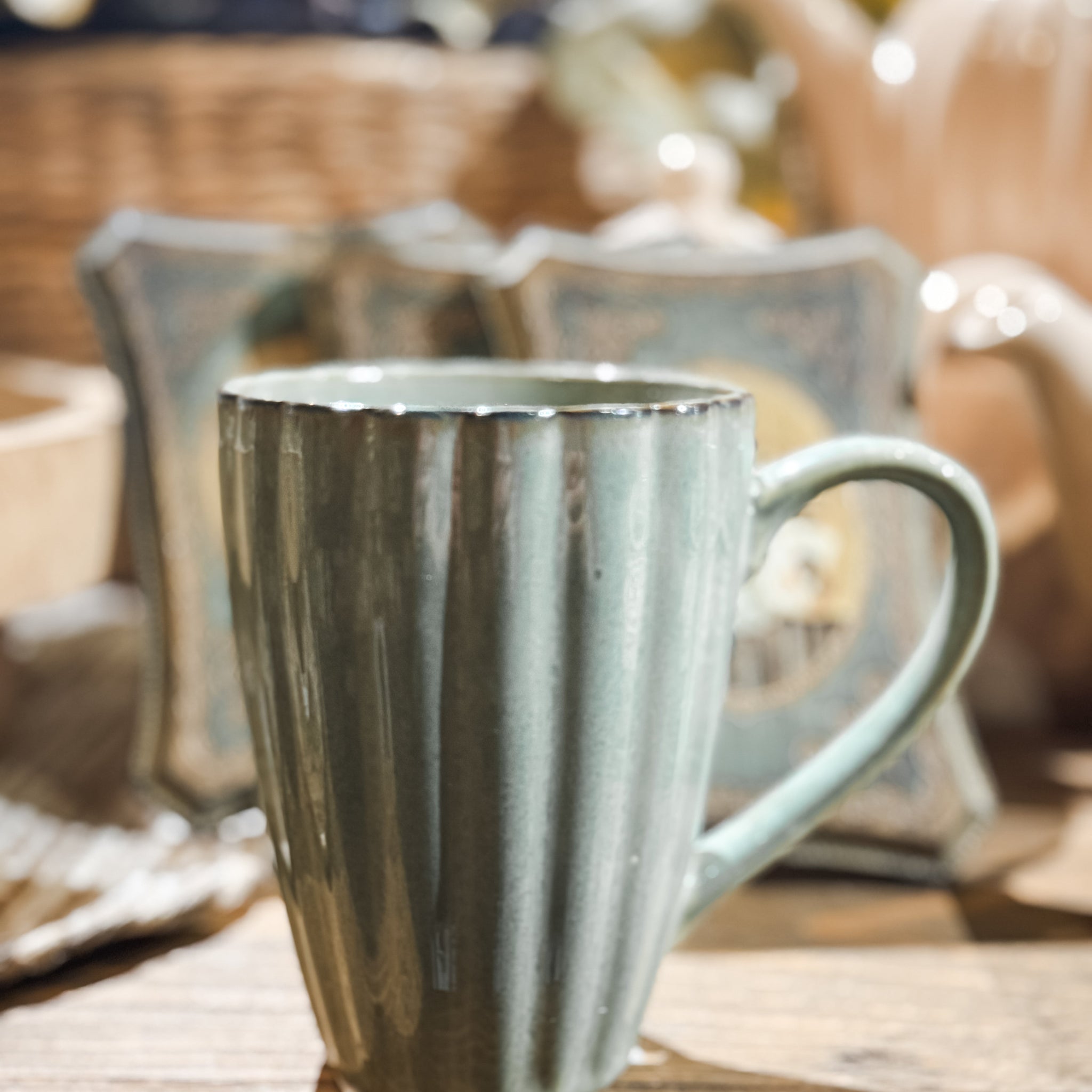 Sage Green Stoneware Ribbed Mug