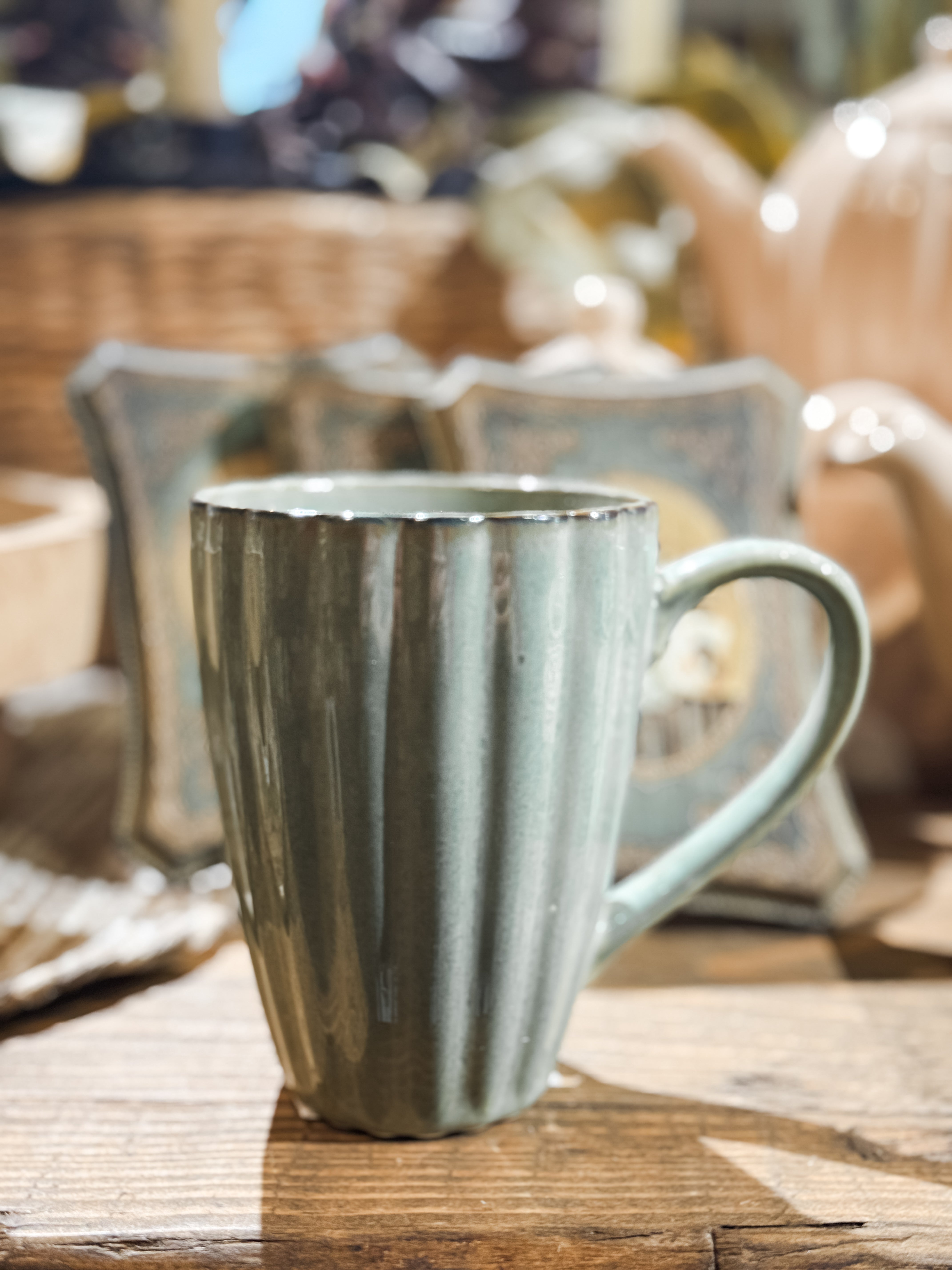 Sage Green Stoneware Ribbed Mug