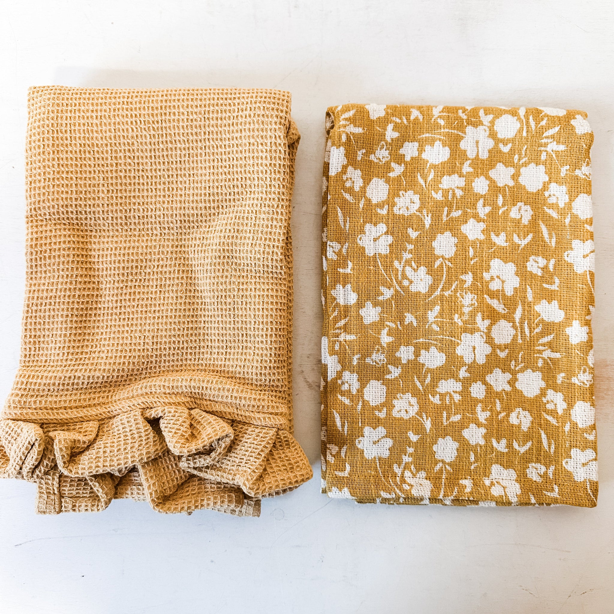 Cotton Slub Printed & Cotton Waffle Tea Towels, Set of 2