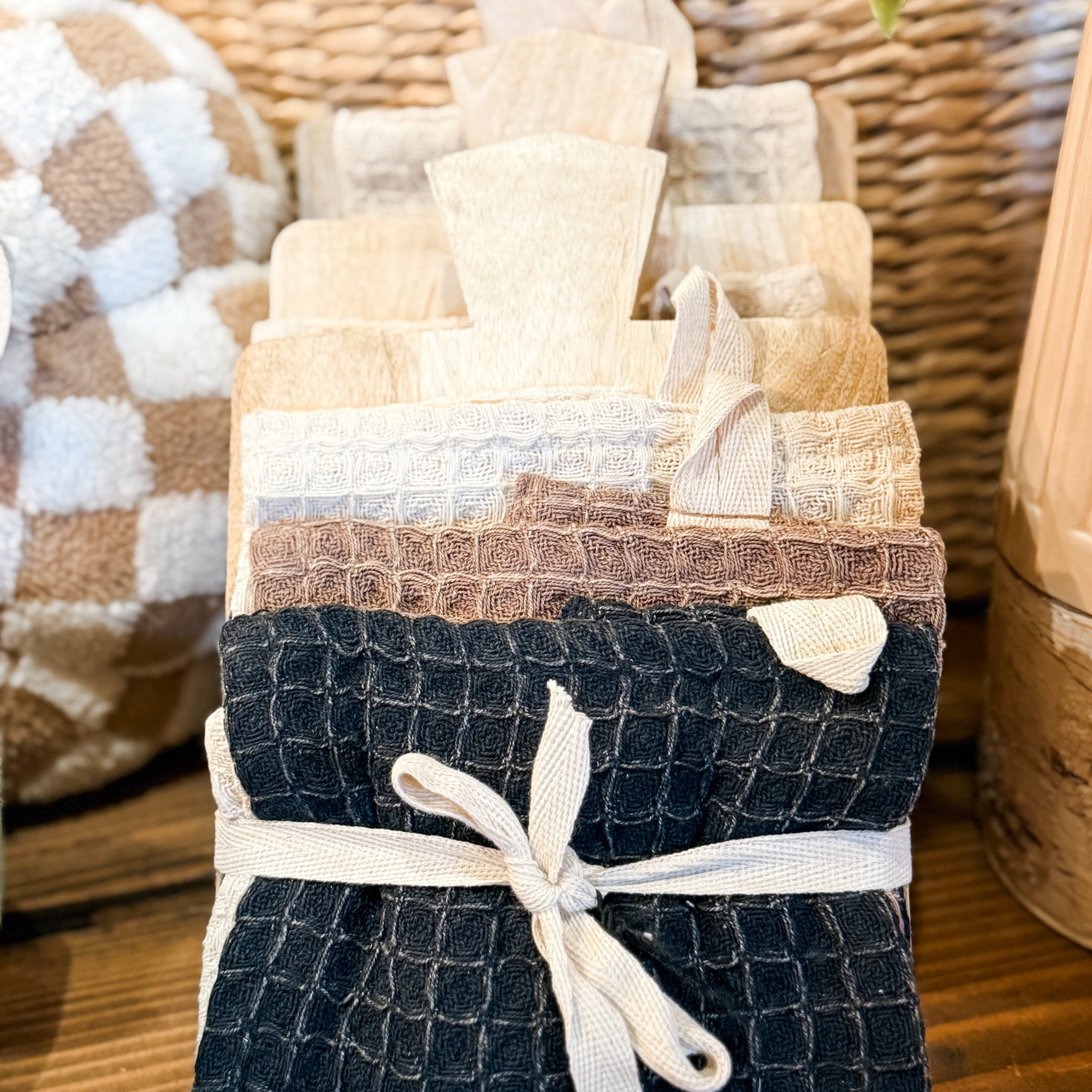 (3) Waffle Weave Dish Cloths w/ Cheese/Serving Board, Set of 4 Tied w/ Cotton Tape