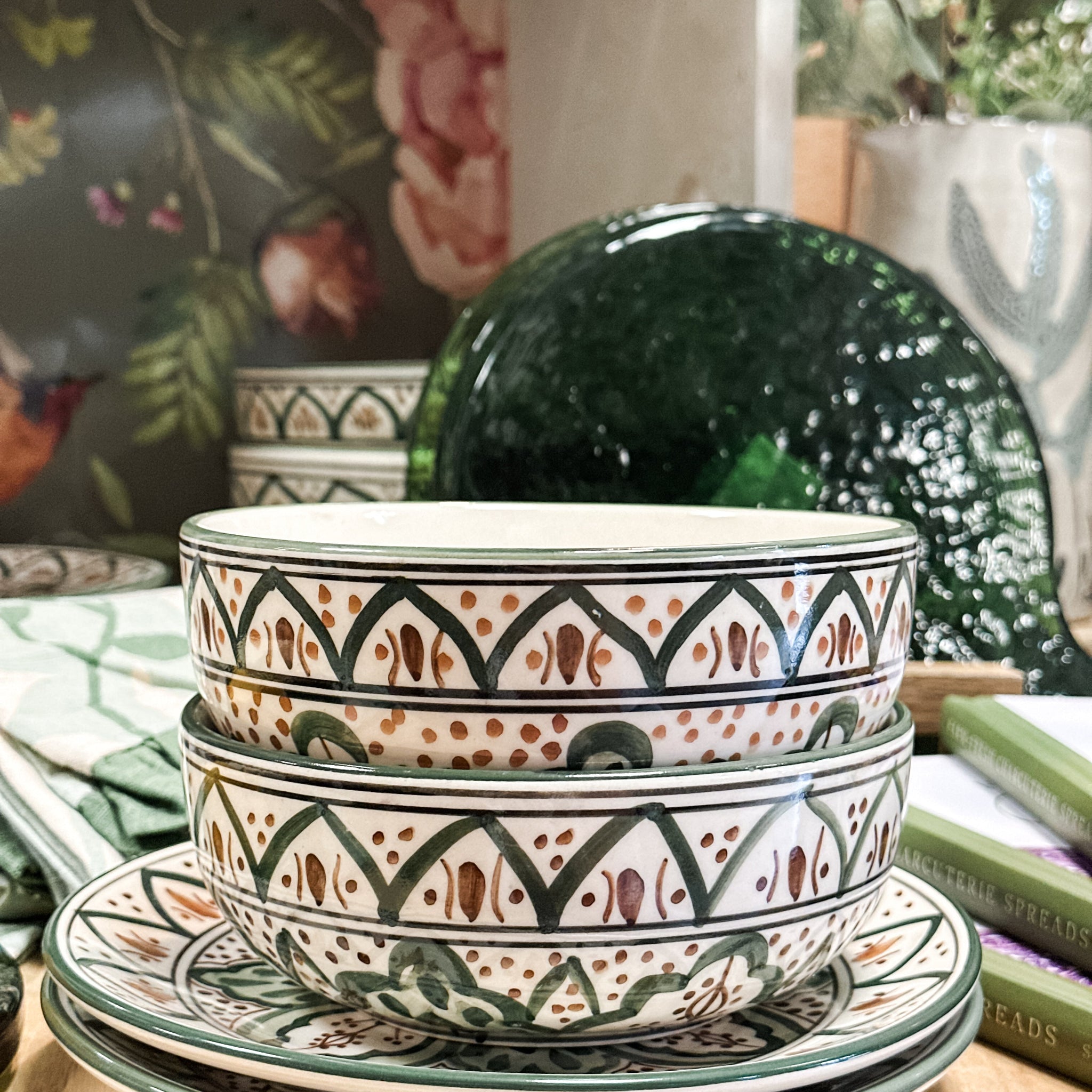 Stoneware Green Botanical Bowl, 6"