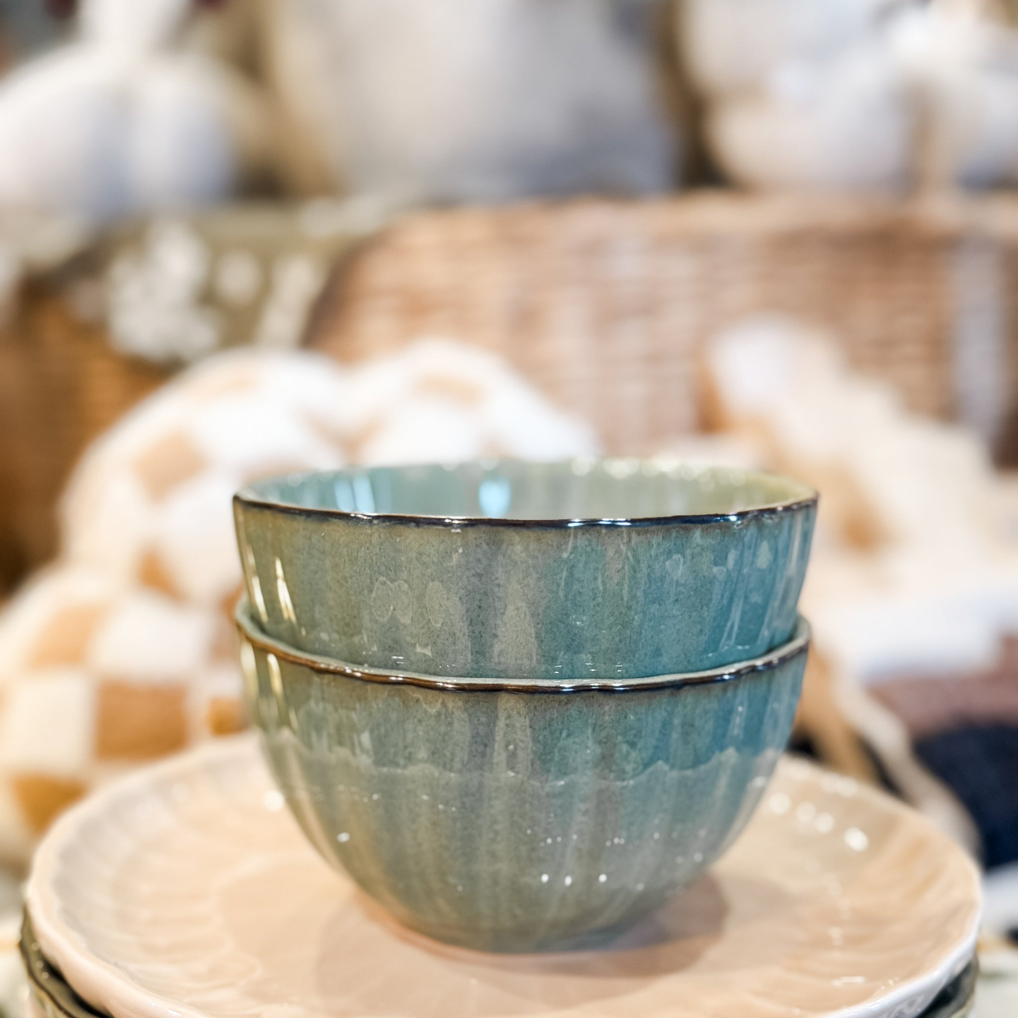 Stoneware Ribbed Bowl,Sage Green