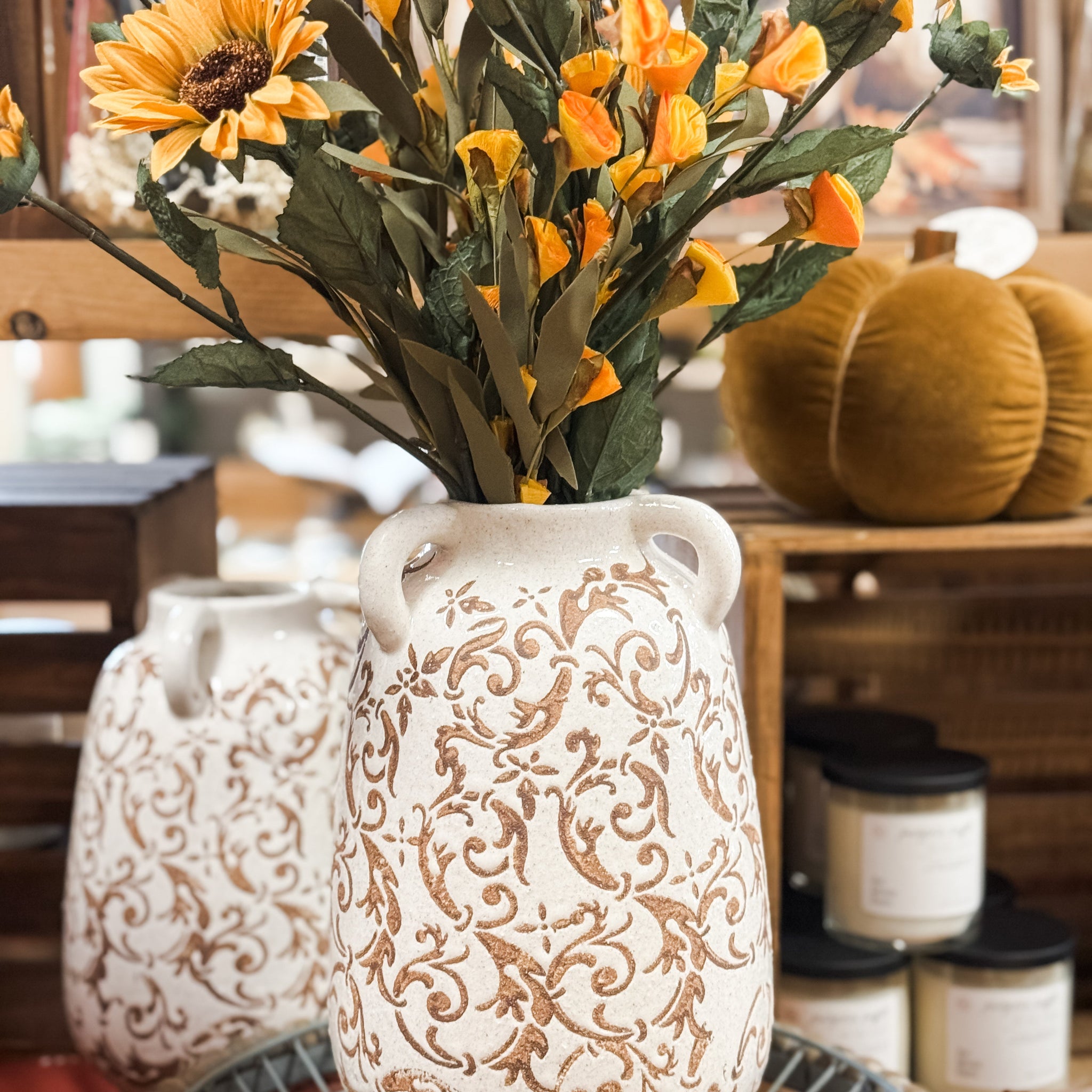 Tan & Cream Floral Vase