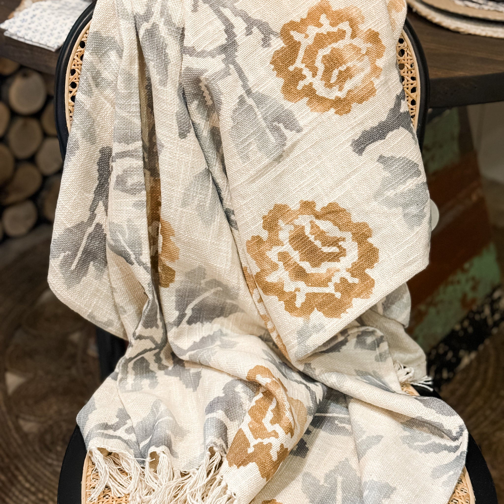 Blue/Grey & Brown Floral Motif Throw