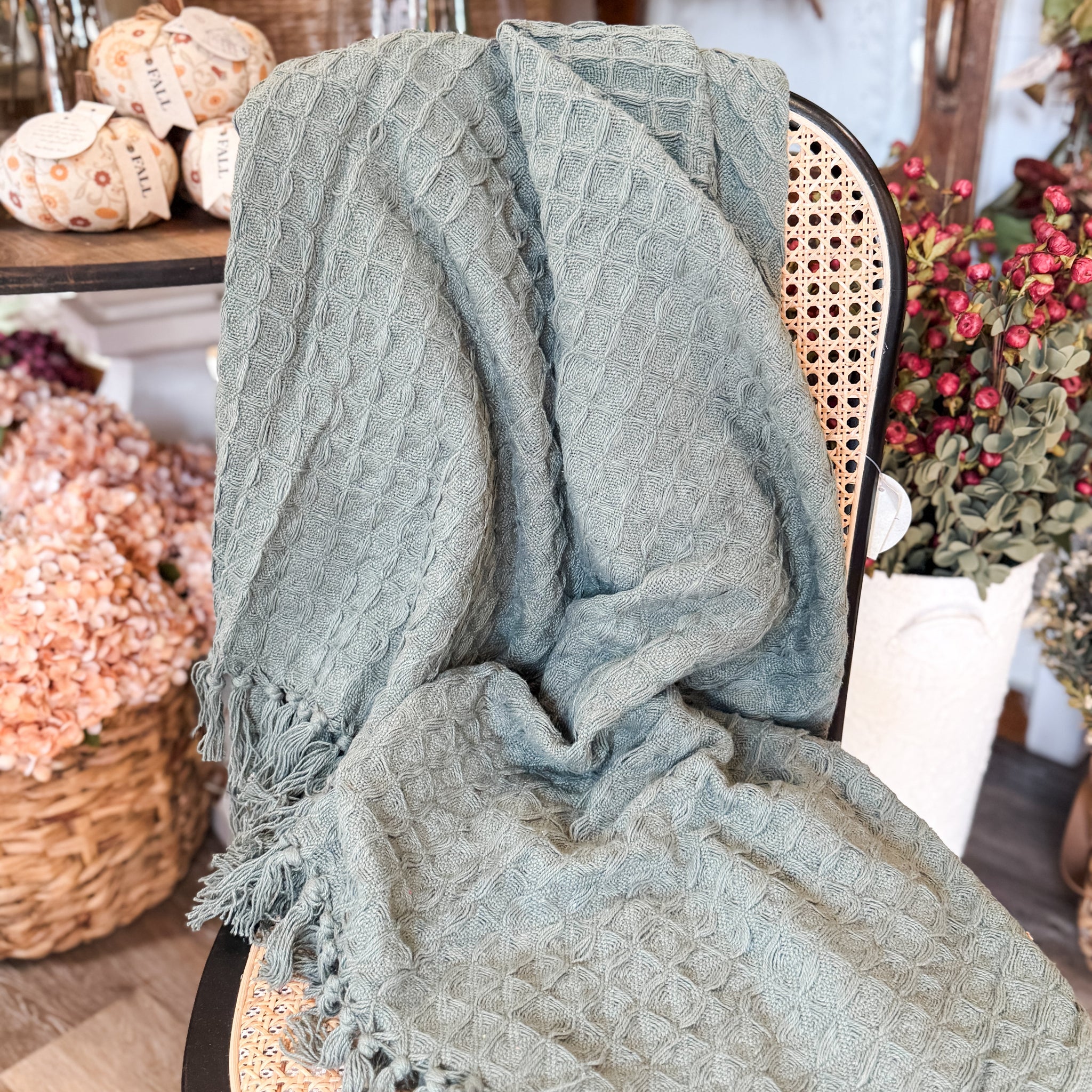 Waffle Weave Throw with Fringe, Green