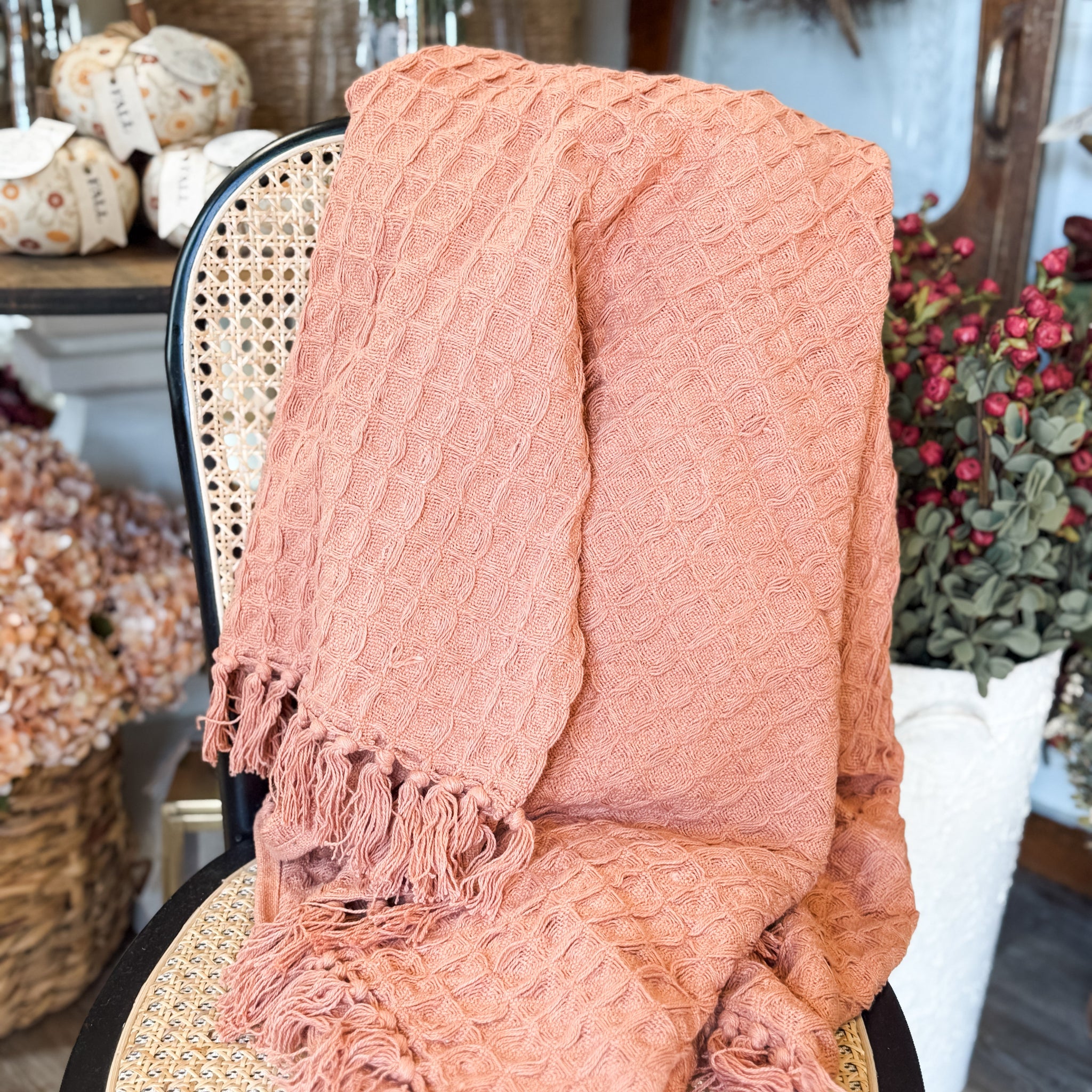 Waffle Weave Throw with Fringe, Rust Color