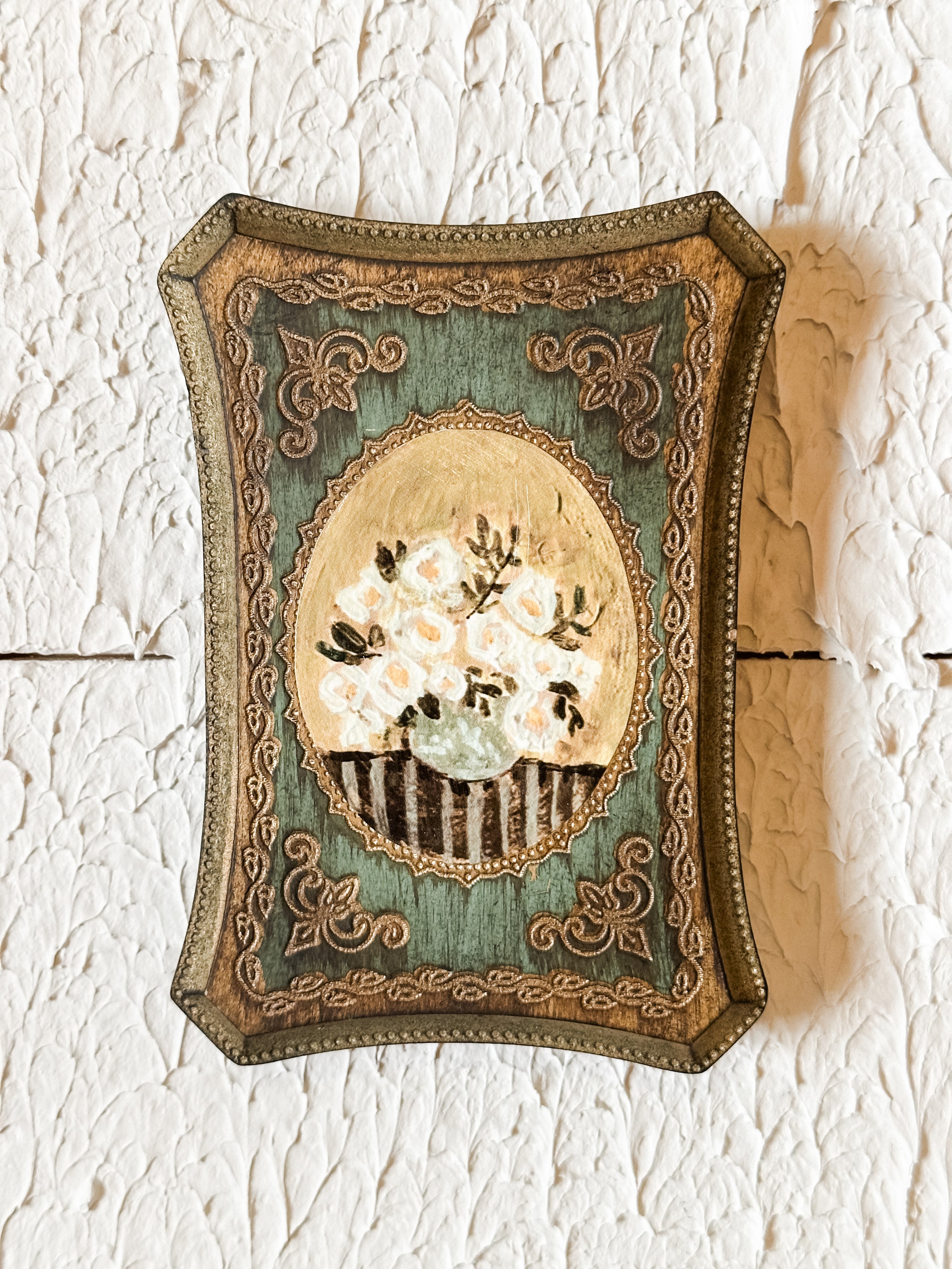 Wall Décor With Flowers in Vase, Antique Gold Finish